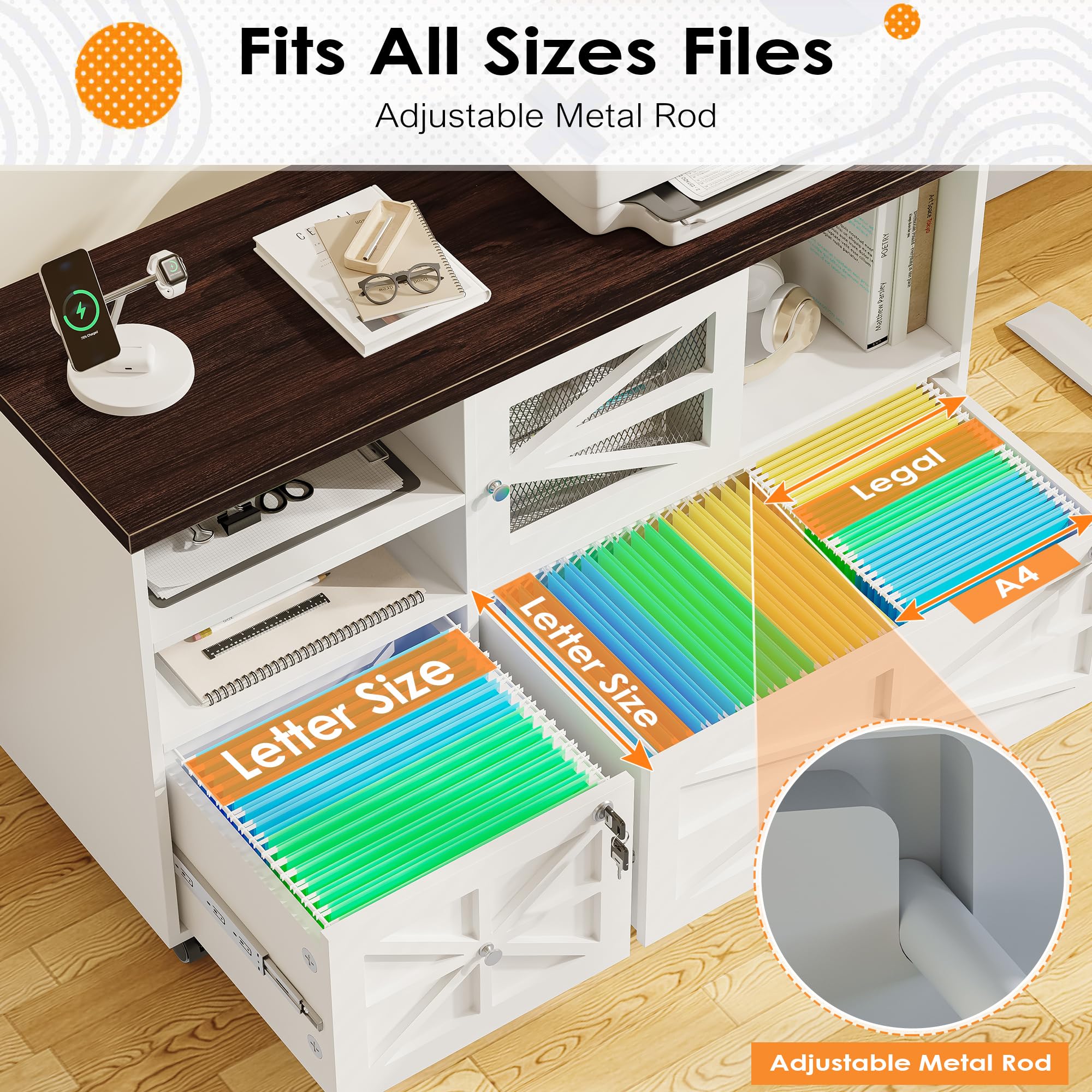 2-Drawer Locking File Cabinet with Wheels - Adjustable Shelf for Letter, Legal, F4 & A4 Files - Home Office Storage Solution for Documents & Supplies (White & Brown) - Perfect for Small Spaces & Shared Workspaces