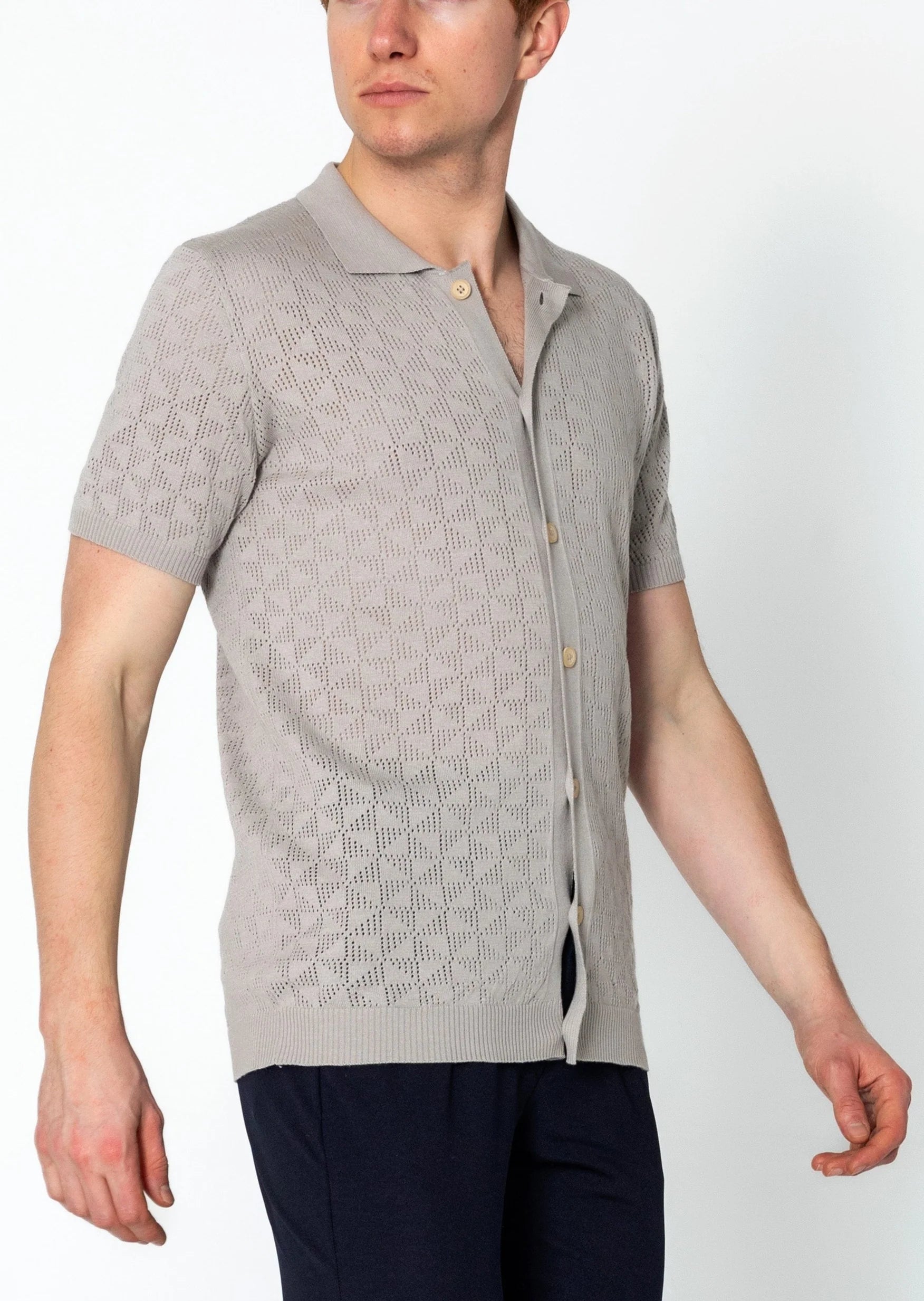 Geometric Crochet Polo Shirt for Men - Trendy Grey Knit Cotton Top for Casual Wear & Summer Outfits