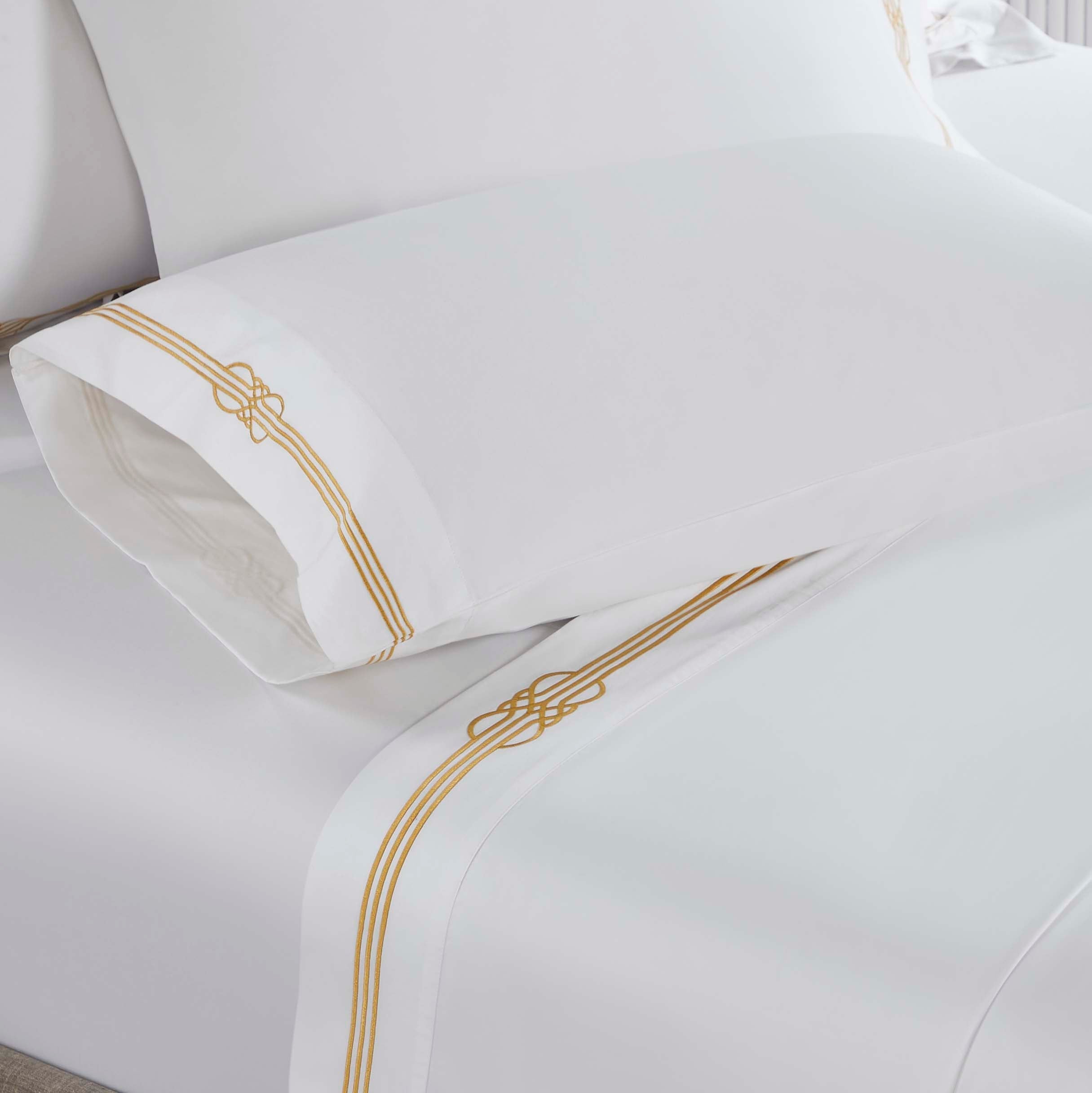 Premium Cotton Gold Embroidered Deep Pocket Bed Sheet Set - Queen Size 4-Piece Luxury Bedding for Master Bedroom & Guest Room Decor