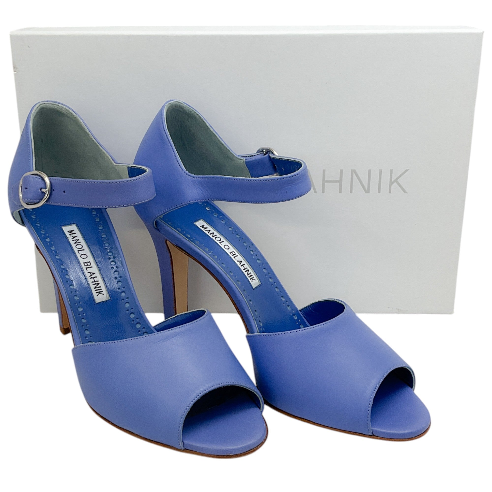 Manolo Blahnik Women's Periwinkle Blue Leather Gardita 105mm Heel Sandals - Elegant High Heel Dress Shoes for Weddings & Evening Events