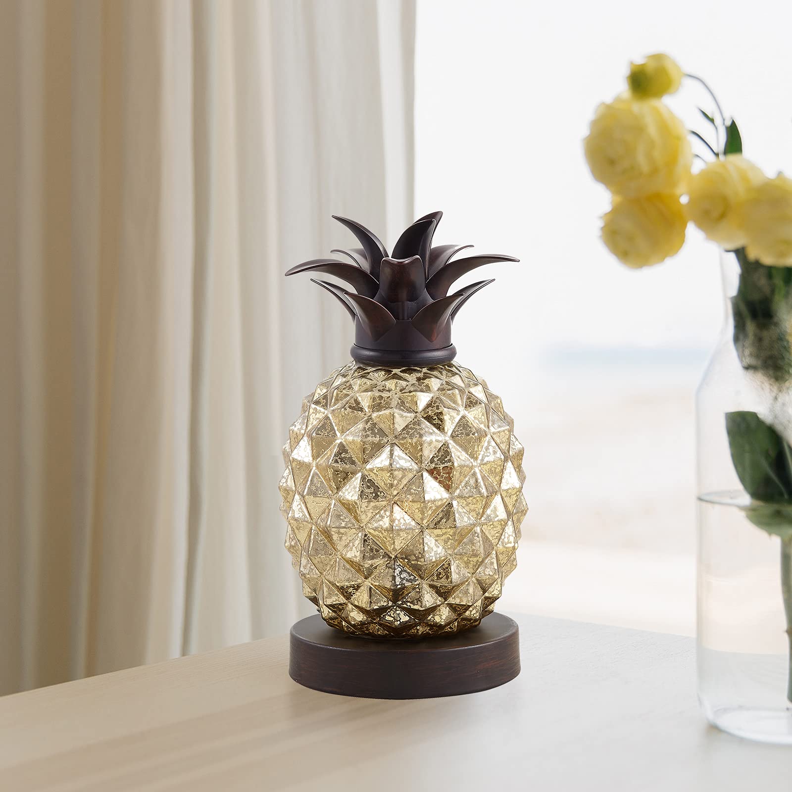 Golden Mercury Glass Pineapple Table Lamp - Elegant Night Light for Bedroom, Living Room, Kids Room, Kitchen & Dorm Decor | Perfect Gift & Festival Decoration (MJ0001)
