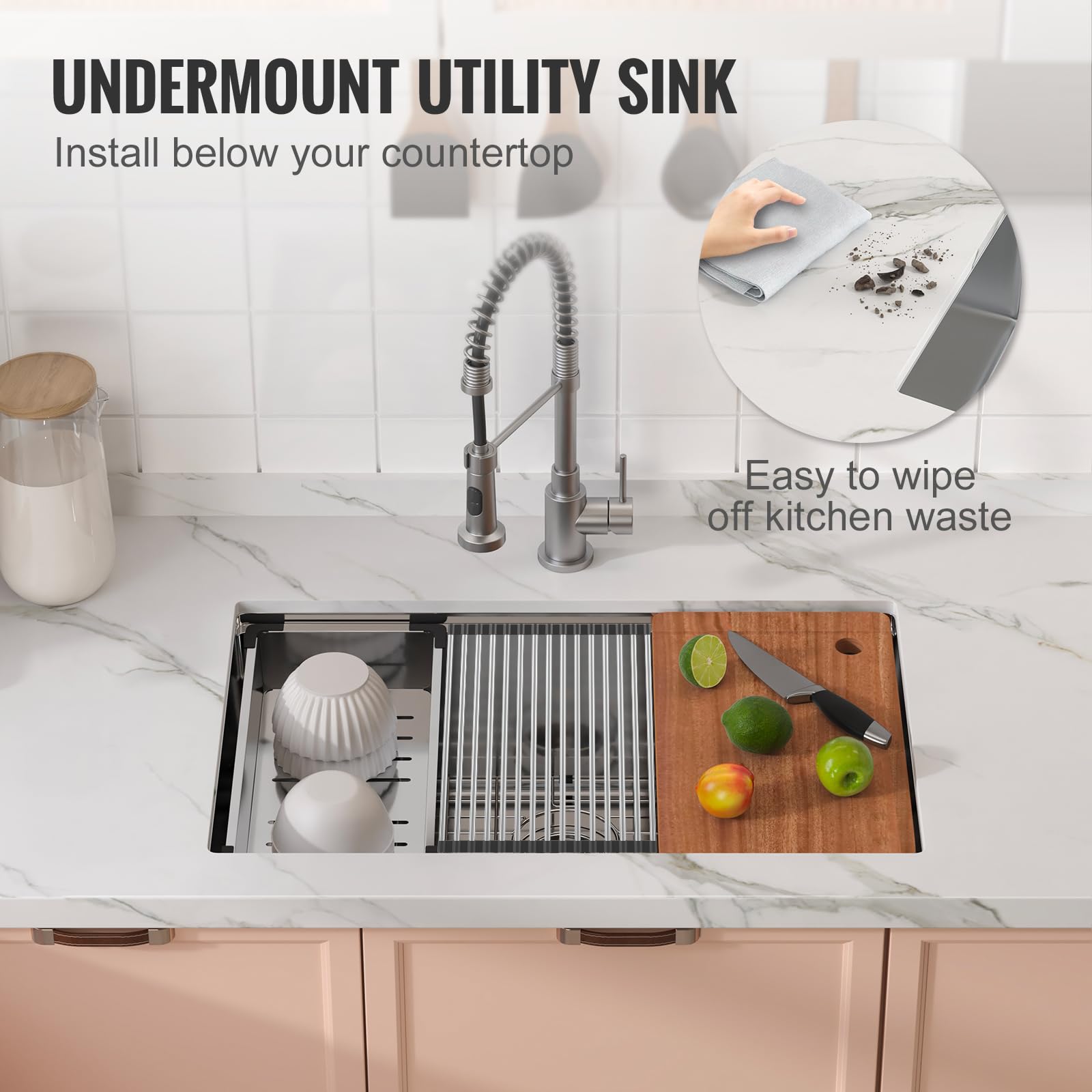 VEVOR 30 Inch 304 Stainless Steel Kitchen Sink - Single Bowl Drop-In/Undermount Design with Drainboard & Accessories - Perfect for Home Kitchens, RV, Prep Stations & Bars - Durable & Stylish Sink for Dishwashing, Food Prep & Entertaining
