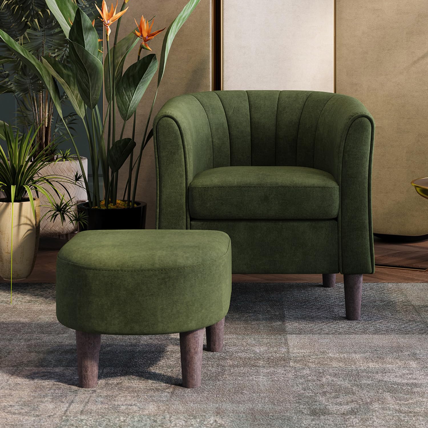 LINSY Modern Velvet Accent Chair with Ottoman - Barrel Armchair for Living Room, Bedroom & Reading Room - Comfy Round Arms & Footrest - Olive Green - Perfect for Relaxing, Reading & Lounging