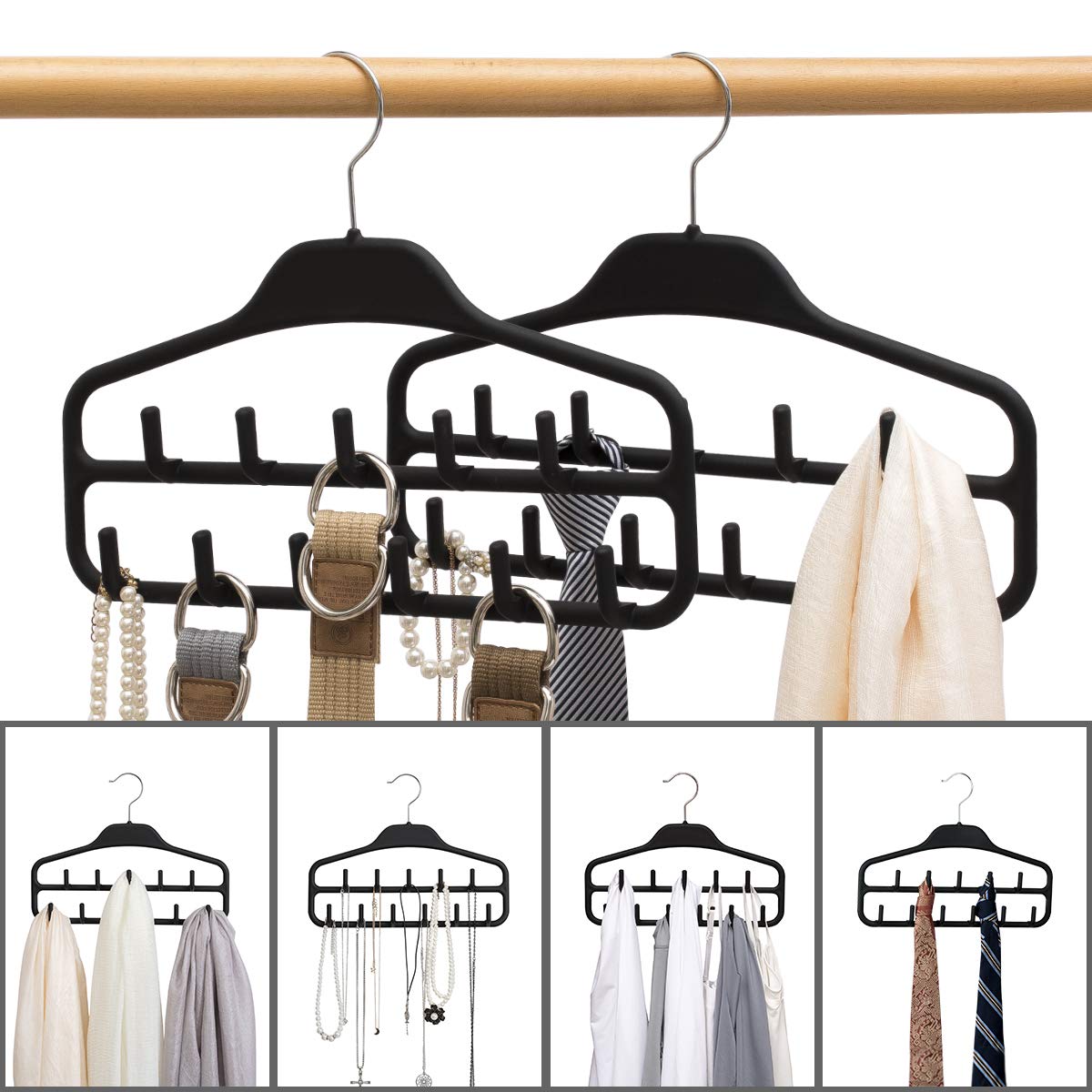 360° Swivel Belt Hanger Rack Holder - 2 Pack Heavy Duty Closet Organizer with 11 Non-Slip Rubberized Hooks, Black (14 x 0.39 x 11 Inch) - Perfect for Closet, Bedroom, Bathroom & Entryway Storage Organization