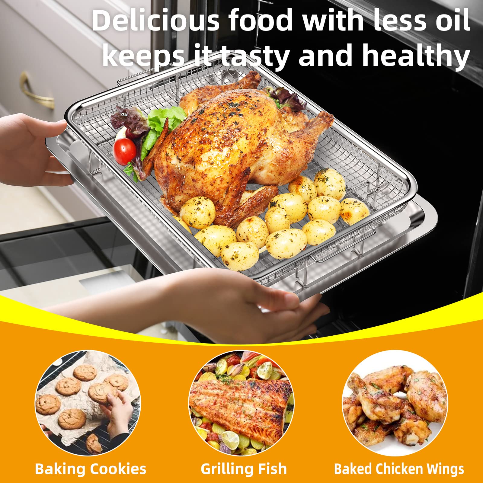 YEPATER 15.6 x 11.6 Inch Large Stainless Steel Non-Stick Air Fryer Basket with 30 PCS Parchment Paper - Oven Safe Air Fryer Pan & Crisper Tray for Baking, Roasting, and Healthy Cooking | Perfect for Chicken Wings, French Fries, and Vegetables