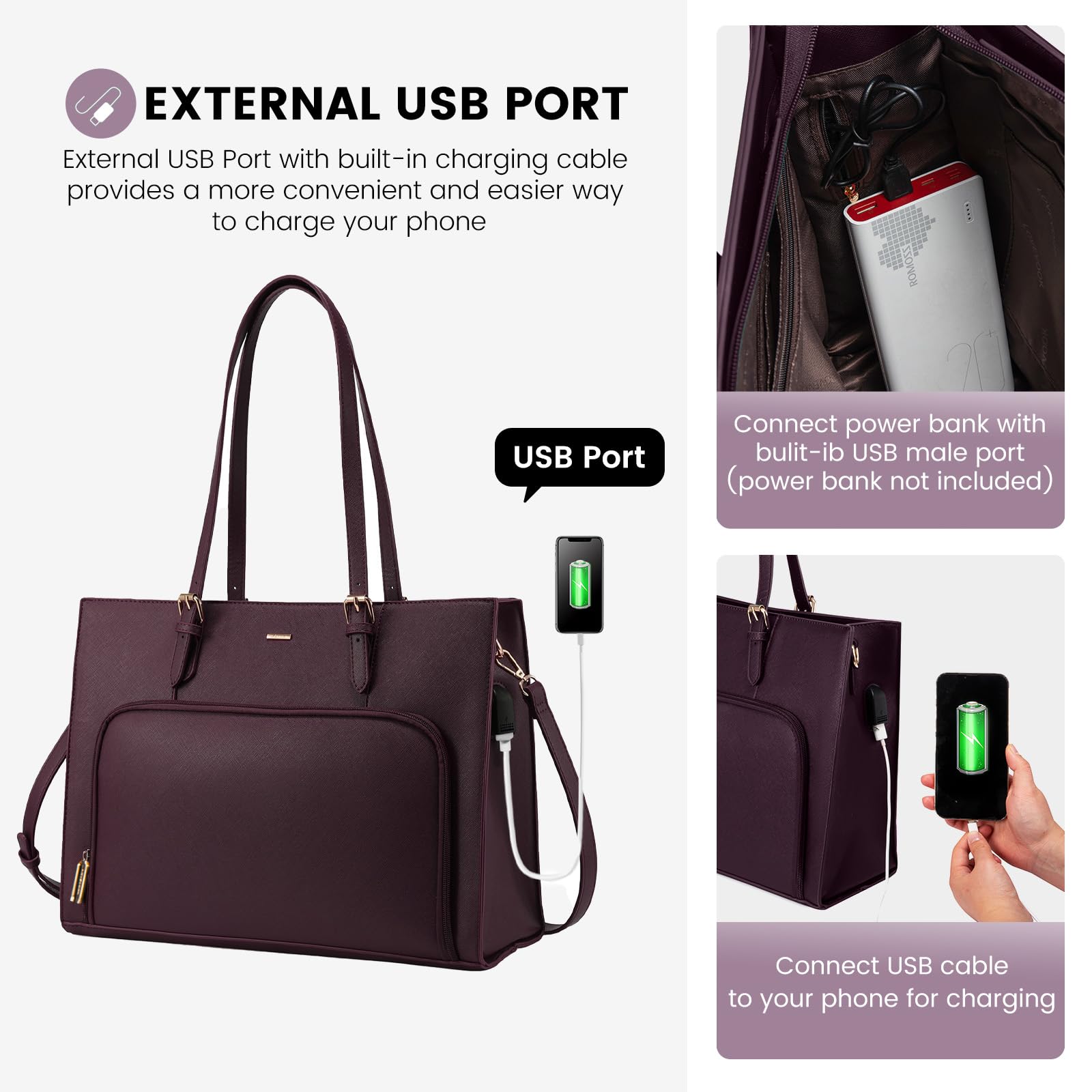LOVEVOOK 15.6 Inch Waterproof Laptop Bag for Women - PU Leather Work Tote Briefcase with USB Charging Port, Professional Computer Shoulder Bag for Business, Travel, School & Office Use