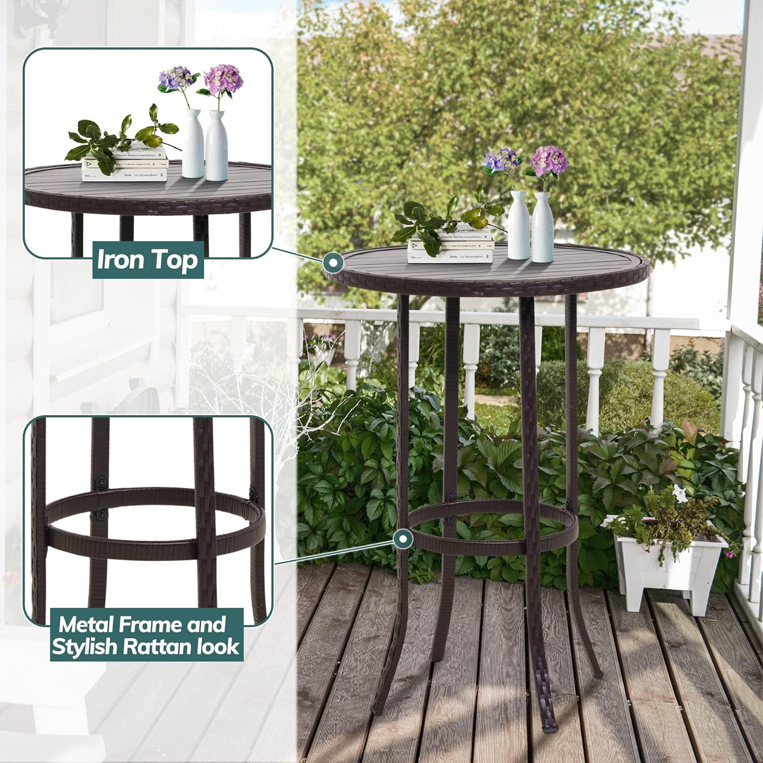 3-Piece Patio Bar Set - Rattan Bar Height Table & Chairs with Cushions, Wicker Outdoor Furniture for Backyard, Poolside, Balcony - Perfect for Entertaining, Relaxing & Outdoor Dining - Beige Cushion Included