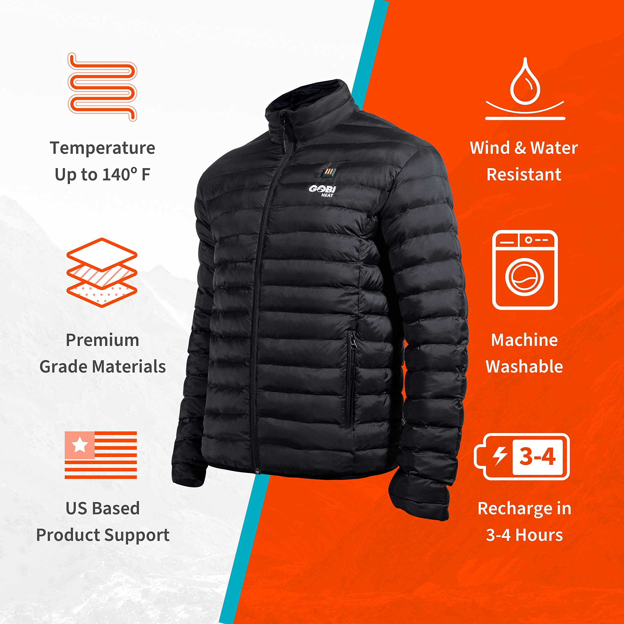 Wolf Men's Puffer Heated Jacket with 10 Hours of Heat - Rechargeable Battery & USB Charger Included | Winter Outdoor Activities, Skiing, Hiking, Camping
