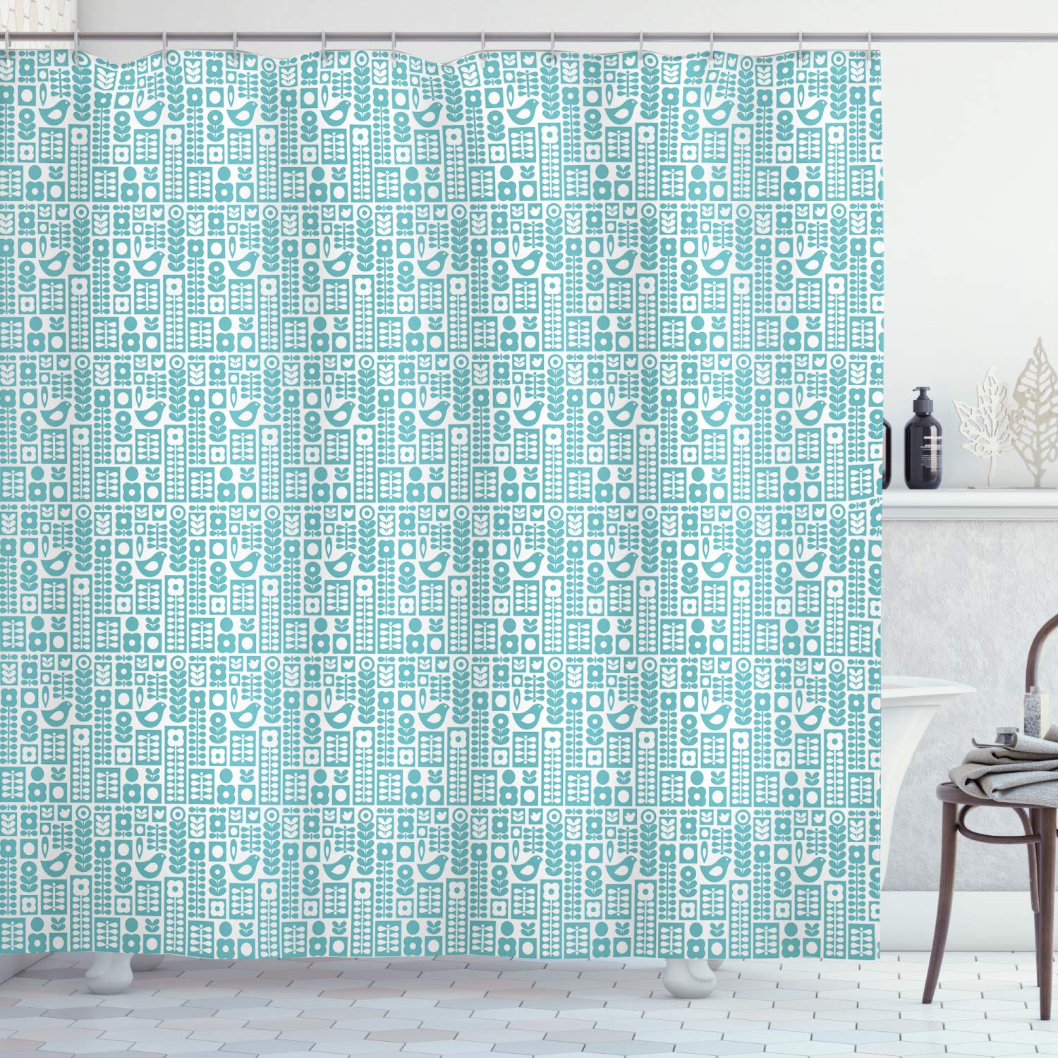 Ambesonne Nordic Shower Curtain - Scandinavian Folk Ornaments Modern Abstract Floral Bird Design, 69x70 Inch Fabric Bathroom Decor with Hooks in Seafoam White | Elegant Spa & Guest Bath Decor