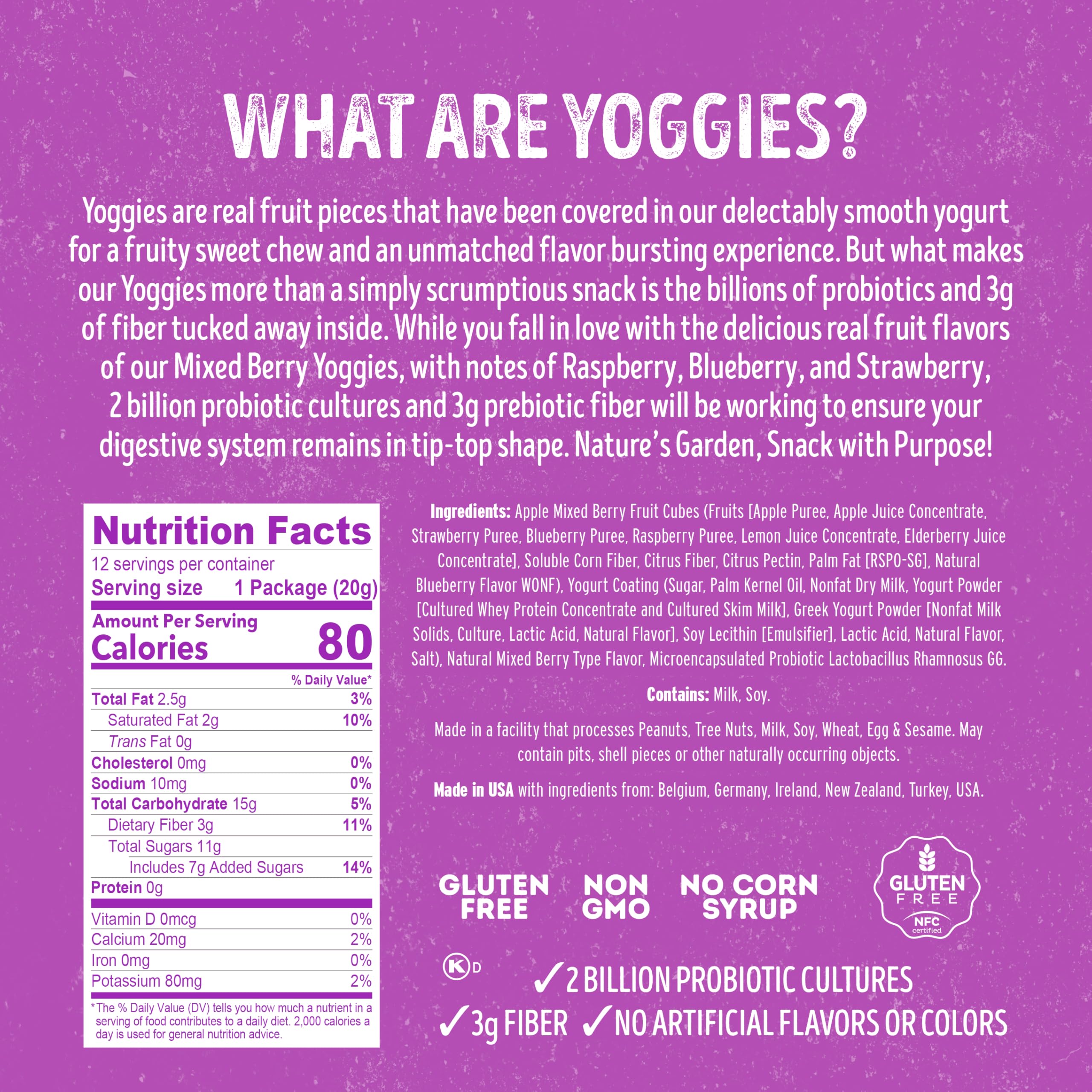 Nature's Garden Probiotic Mixed Berry Yoggies - 12 Pack x 0.7oz (4 Packs Total) | Yogurt Covered Fruit Snacks with High Fiber & Real Fruit Pieces | Gluten Free, No Artificial Ingredients | Healthy Office Snacks for Adults | Perfect for Work, Travel & On-the-Go Nutrition