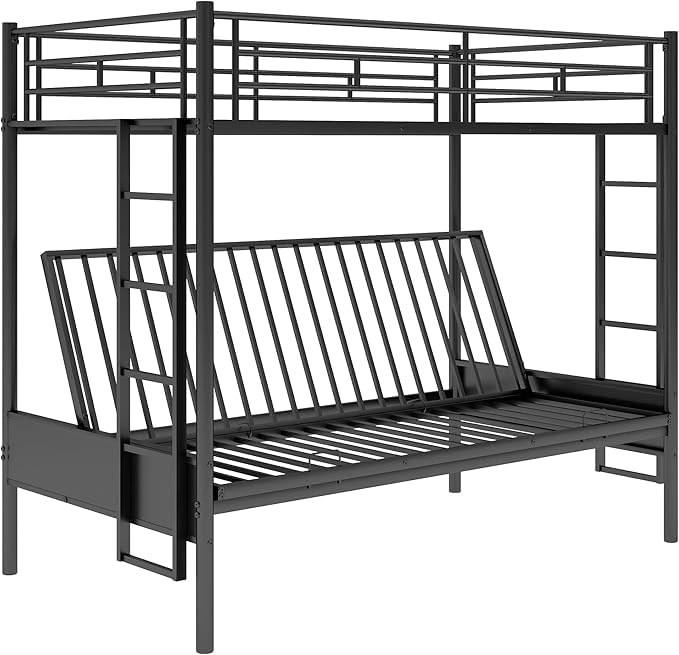 Convertible Twin Over Full Bunk Bed with Sturdy Steel Frame - Metal Bunk Bed & Sofa for Kids, Teens & Adults - Space-Saving Black Bed Frame with Safety Guard Rail & Ladder - Perfect for Small Bedrooms, Guest Rooms & Dormitories