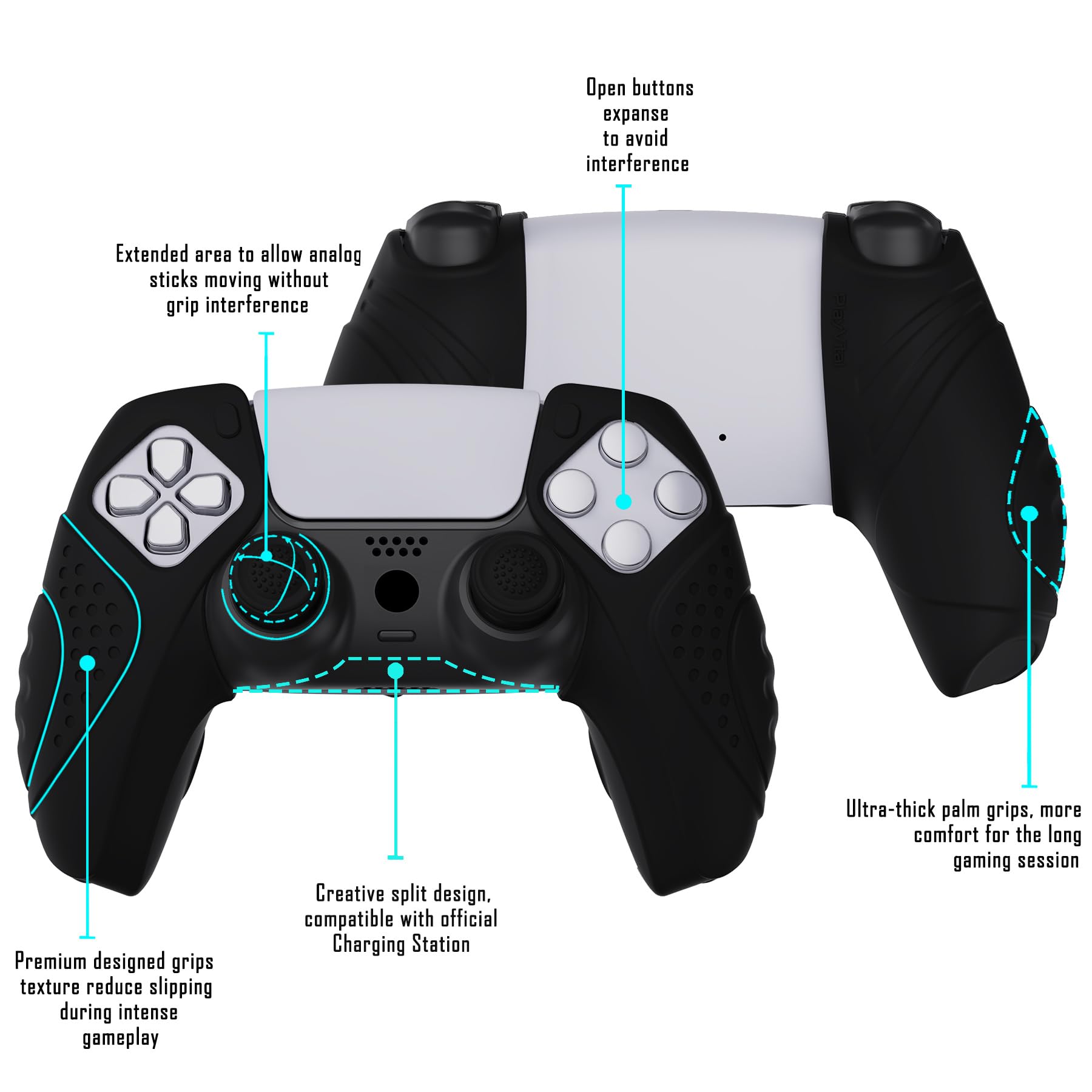PlayVital Silicone Controller Cover for PS5 - Protective Case with Joystick Caps & Charging Dock Compatibility - Durable Gaming Accessory (Black) - Perfect for Gaming Sessions & Travel Protection