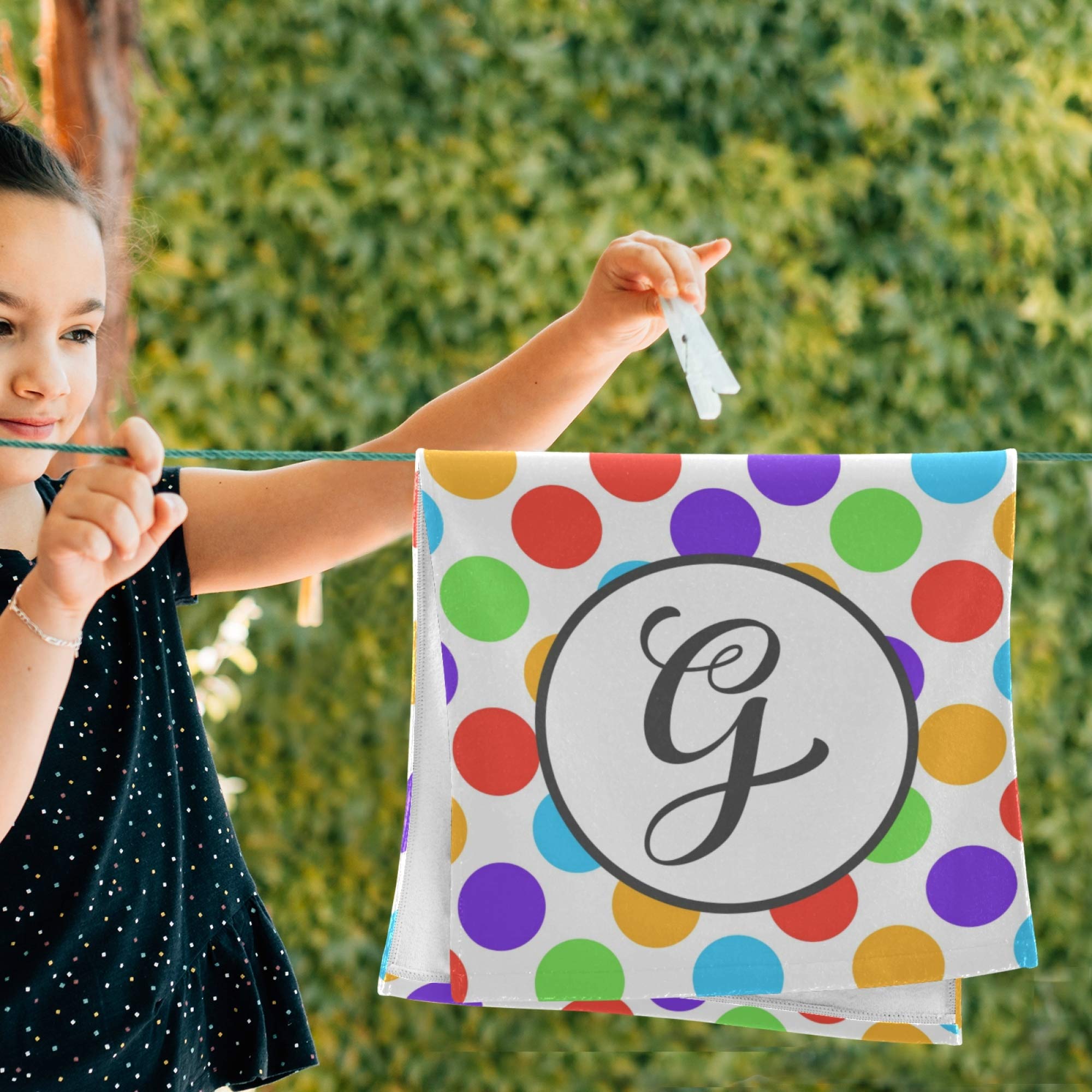 Personalized Monogrammed Hand Towels Set of 2 - Soft Absorbent Polyester Cotton Blend for Bathroom, Kitchen & Beach - Rainbow Polka Dot Print Fingertip Towels 28.3
