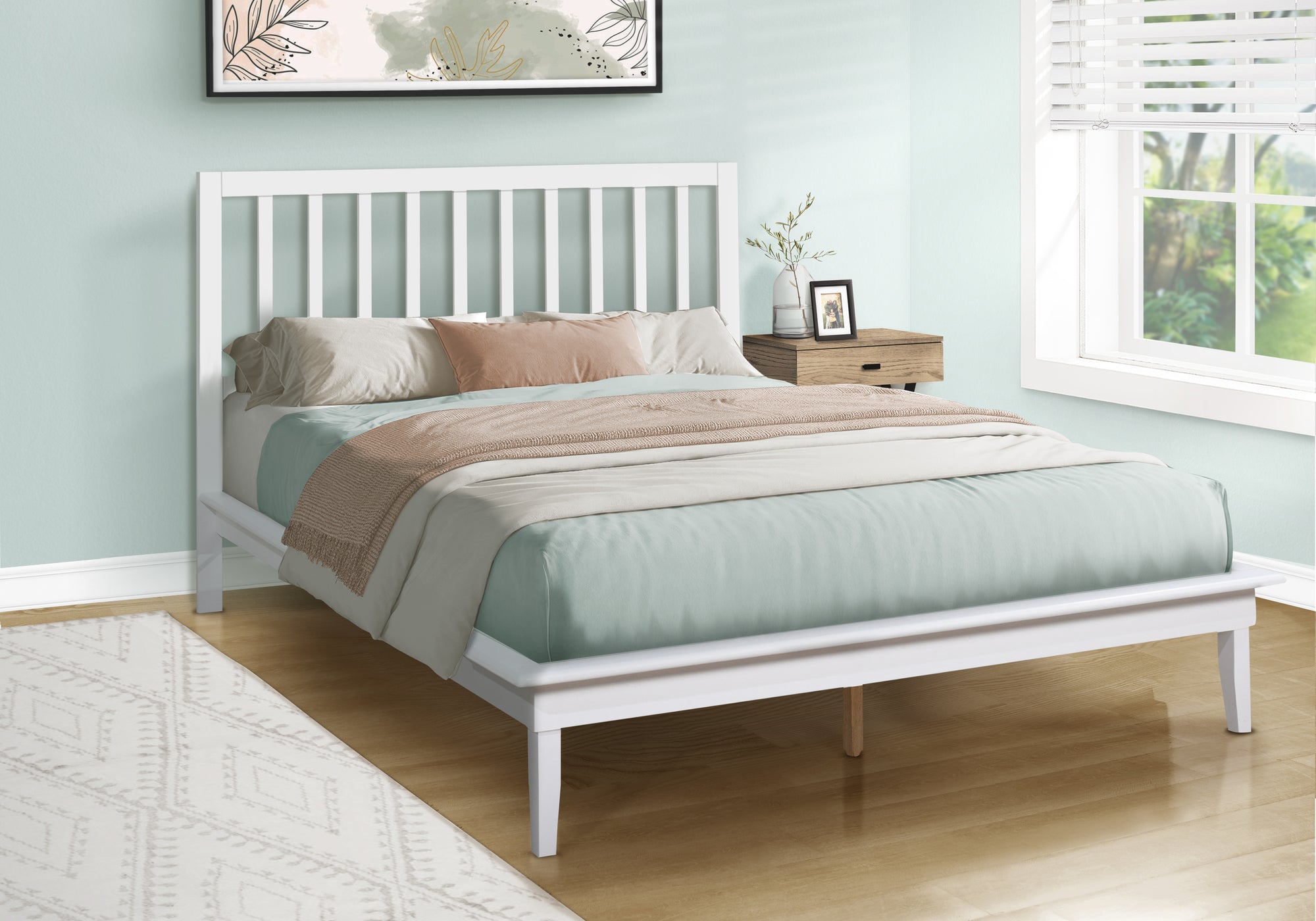 Modern White Wood Queen Size Platform Bed Frame - Sturdy & Stylish Bedroom Furniture for Home Decor, Space-Saving Design - Perfect for Master Bedroom, Guest Room, or Apartment Living