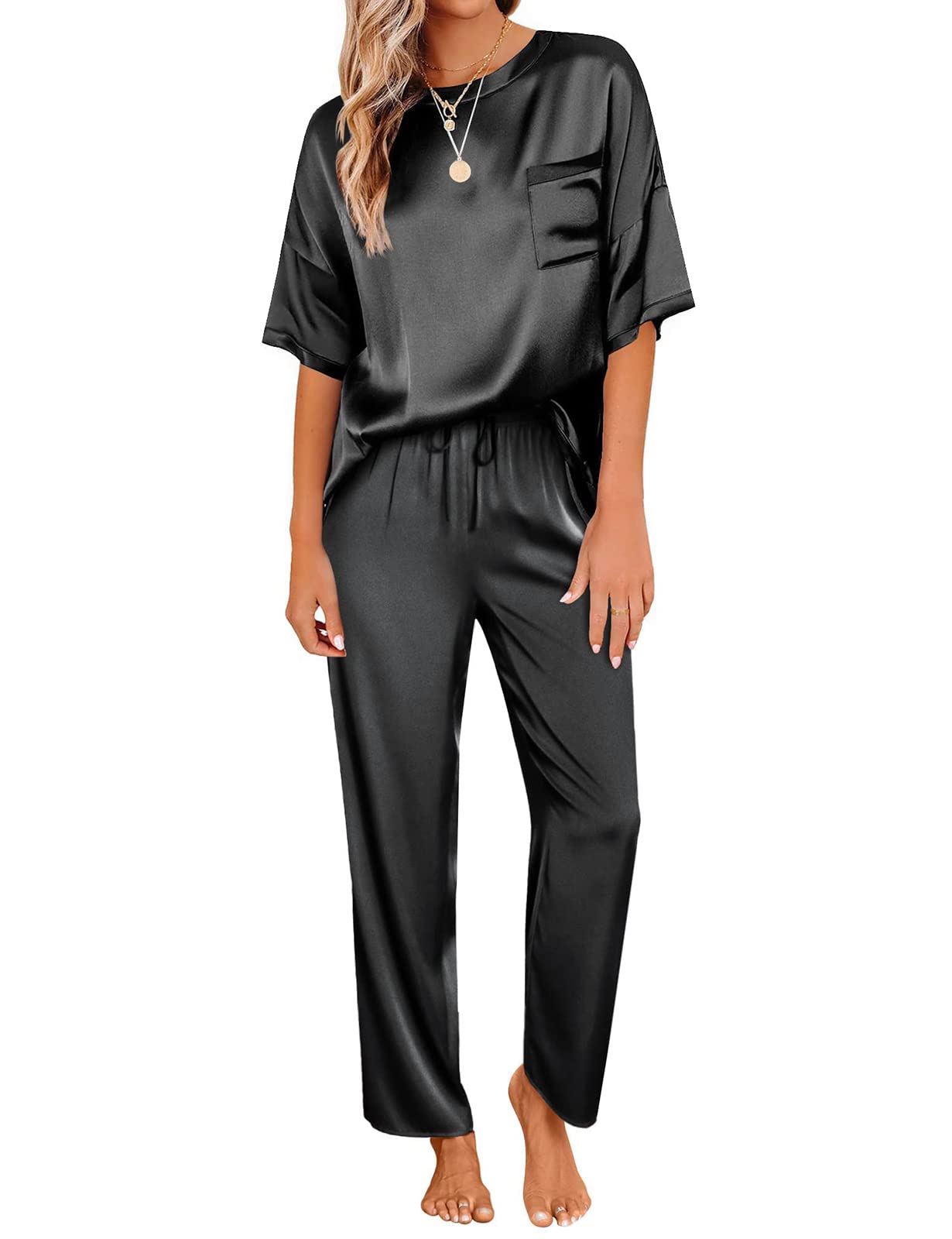Inadays Women's Satin Pajama Set - Soft Silky Short Sleeve Top & Long Pants Lounge Wear - Perfect for Sleepwear, Relaxing at Home, and Gift Giving
