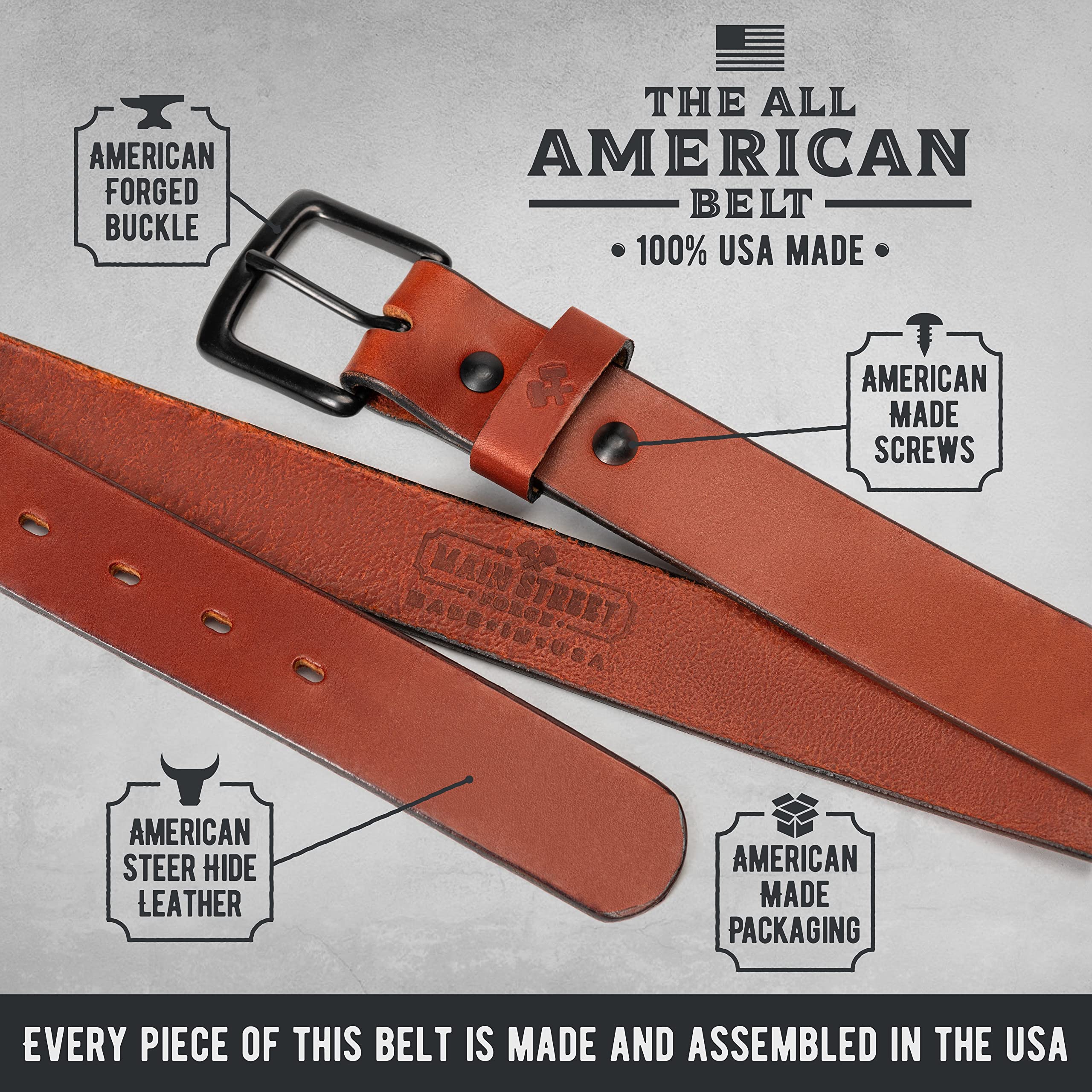 Main Street Forge All American Leather Belt for Men - Heavy Duty Work Belt Made in USA - Durable EDC Belt for Everyday Wear, Outdoor Activities & Work
