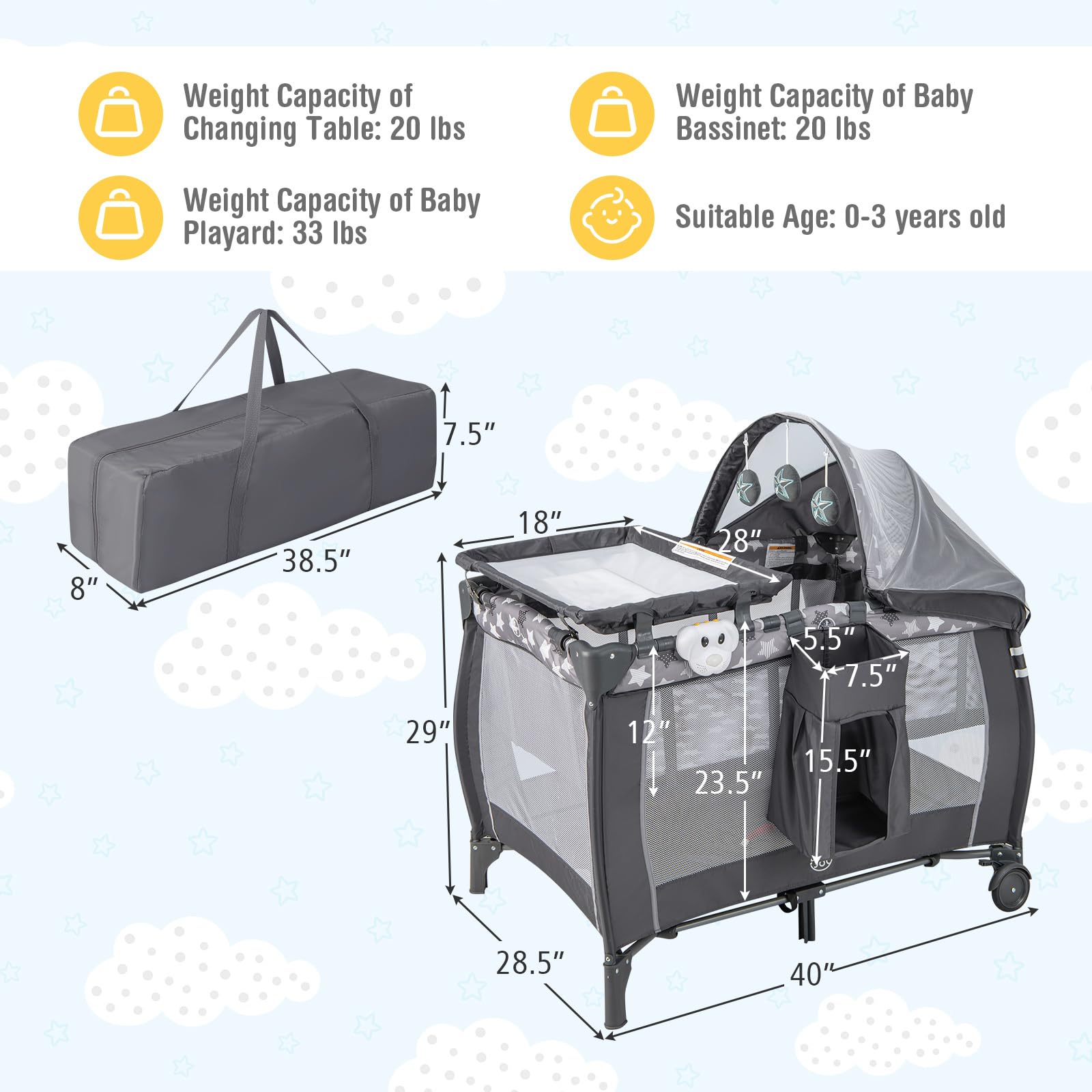 BABY JOY 4-in-1 Portable Playard with Bassinet, Changing Table & Music Box - Adjustable Canopy, Lockable Wheels - Travel Crib for Newborn to Toddler - Perfect for Nursery, Daycare & Family Trips
