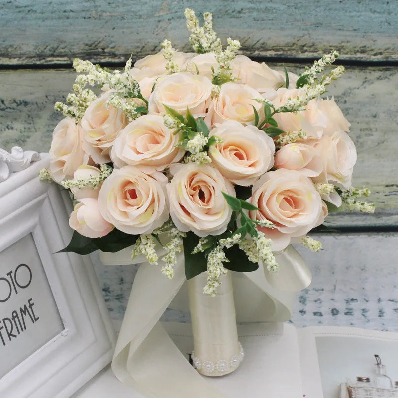 Artificial Silk Rose Wedding Bouquet with Satin Ribbon - Elegant Bridal Bouquet for Wedding, Bridal Shower, Anniversary & Home Decor