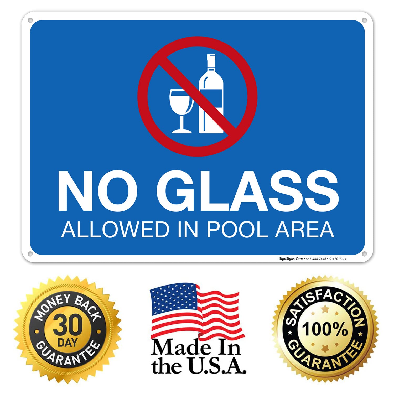 No Glass Allowed in Pool Area Sign - 10x14 Inch Rust-Free Aluminum Pool Sign | Weatherproof & Fade Resistant | Easy Mounting for Indoor/Outdoor Use | Made in USA | Perfect for Swimming Pools, Water Parks & Public Aquatic Facilities