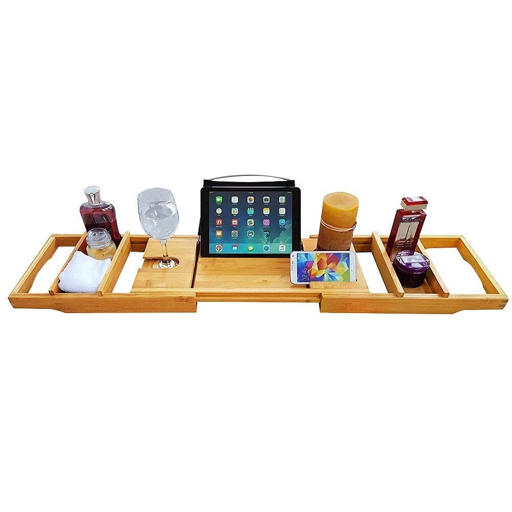 Luxury Wall Mounted Bamboo Wine Rack with Extendable Sides - Bathtub Caddy Tray Featuring Built-in Book/Tablet Holder, Phone Stand & Wine Glass Holder - Perfect for Bath Relaxation, Spa Days & Home Decor