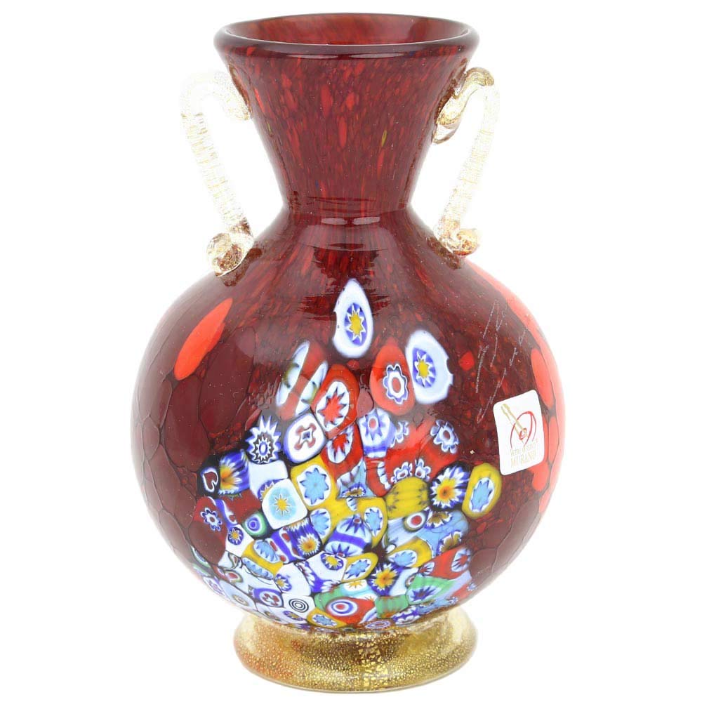 Authentic Murano Glass Millefiori Vase with 24K Gold Handles - Venetian Red - Perfect for Home Decor, Wedding Centerpieces & Luxury Gifts