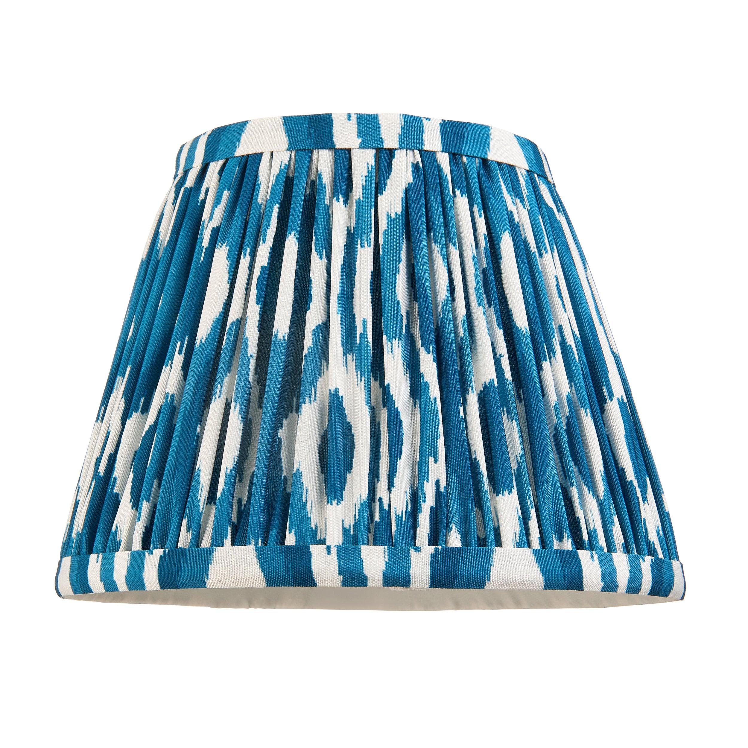 Bibury Wooden Table Lamp with Ikat 20cm Marlin Blue Shade - Stylish Home Office Lighting for Bedroom, Living Room & Study Decor