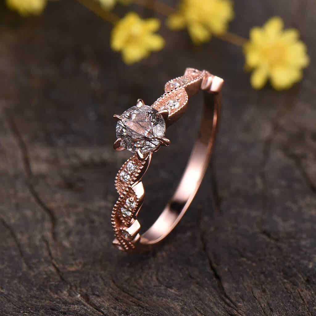 14K/18K Gold Unique Milgrain Black Rutilated Quartz Engagement Ring - Bezel Set Solitaire Ring for Women, Vintage Style Wedding Band, Perfect Proposal Gift for Her (Occasions: Engagement, Anniversary, Valentine's Day)