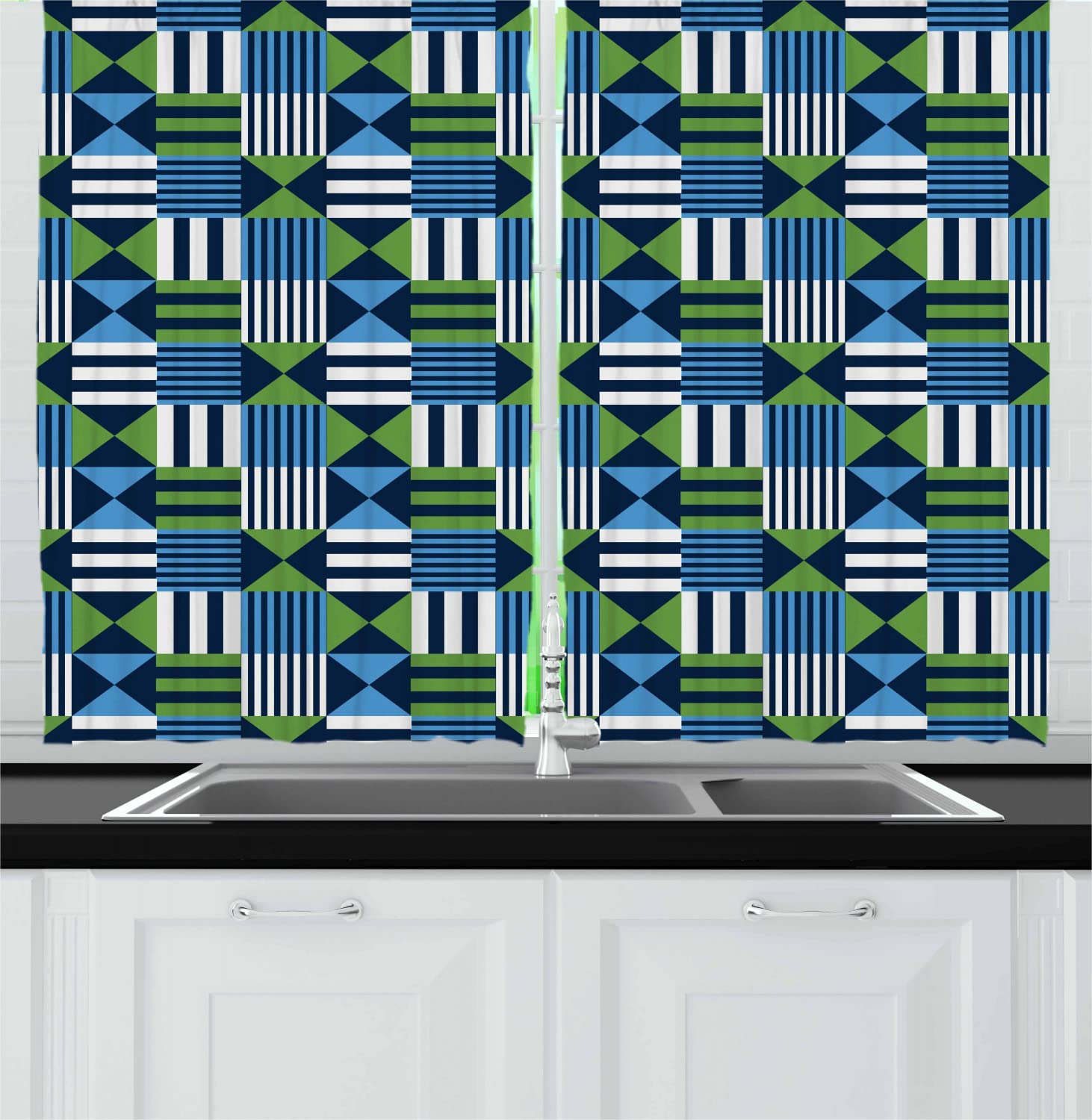 Ambesonne Geometric Long Kitchen Curtains - Modern Checkered Pattern with Mosaic Squares, Triangles & Stripes - 2 Panel Rod Pocket Drapes for Windows - 55 x 45 Inches - Dark Blue, Lime Green & Pale Blue - Perfect for Farmhouse, Contemporary & Bohemian Home Decor