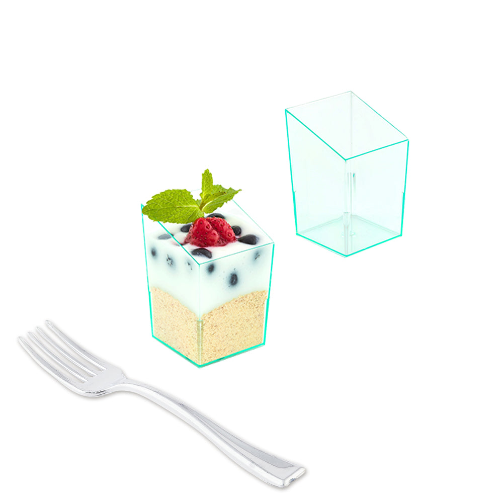 100 Pack 3 oz Square Seagreen Plastic Incline Cups with 100 Silver Mini Forks - Perfect for Party, Wedding, Baby Shower & Outdoor Events