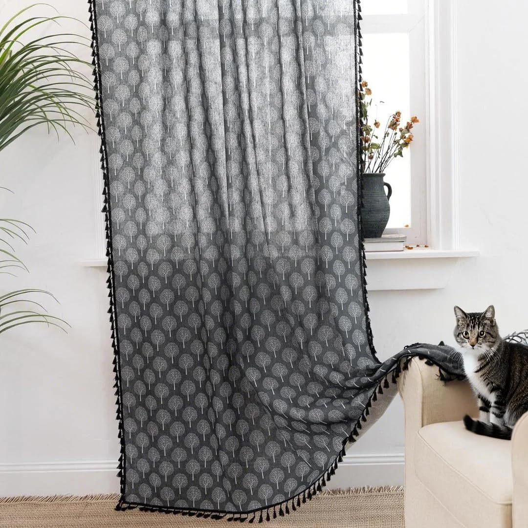 ABREEZE Blackout Curtains - Boho Black & White Tree Print with Tassels, 59x63 Inch 2 Panels, Cotton Blend Rod Pocket Window Drapes for Living Room & Bedroom - Perfect for Nursery, Dorm, or Home Office Decor