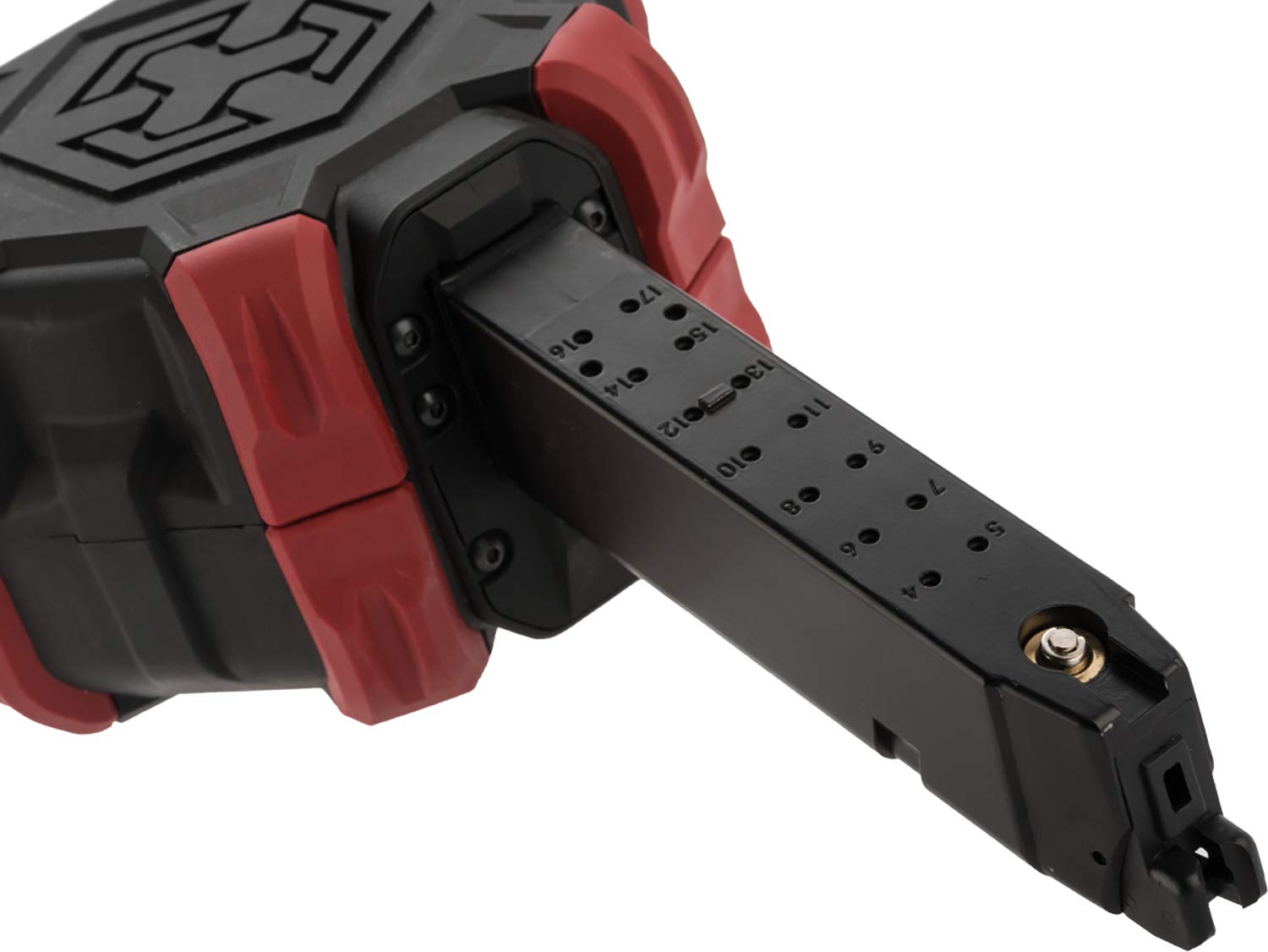 AW Custom Drum Airsoft Magazine - High-Capacity Gas Blowback Magazine for Airsoft Pistols & Rifles (SAI BLU/Elite Force G/Red) - Perfect for Milsim, Target Practice & Competitive Airsoft Games