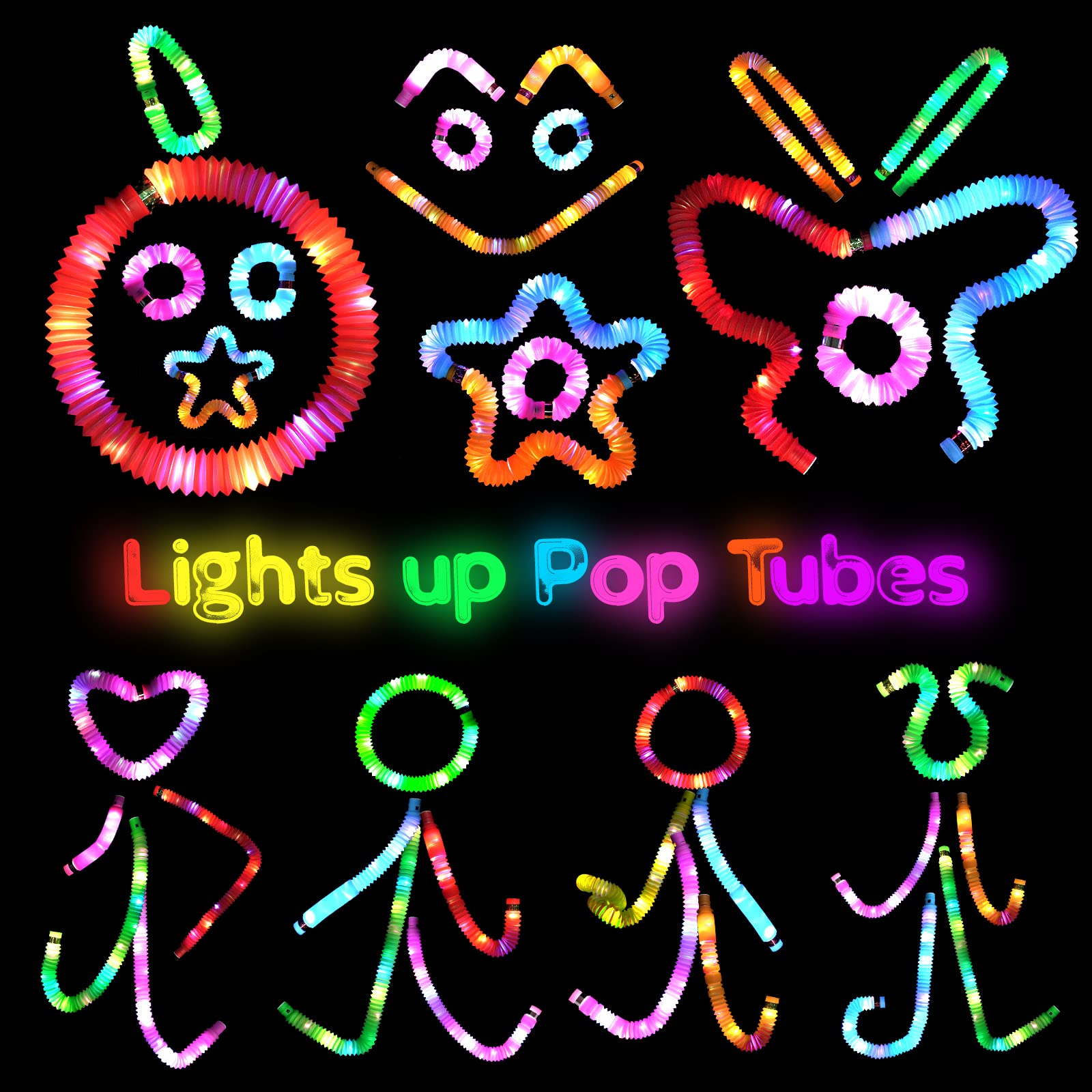 **6 Pack LED Light Up Pop Tubes Fidget Toys for Kids - Sensory Toys, Glow in The Dark Stress Relief Toys for Toddlers & Adults - Perfect for Party Favors, Stocking Stuffers, Classroom Prizes & Anxiety Relief**