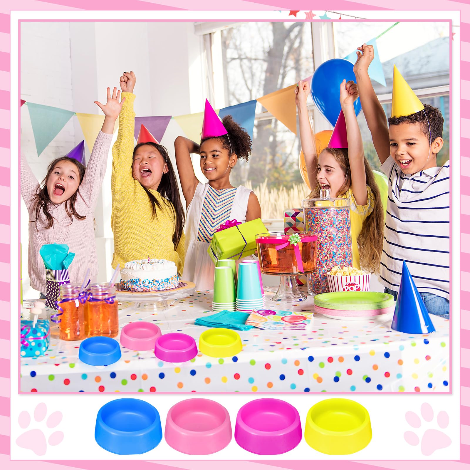 24-Pack Reusable Plastic Pet Bowls for Dogs & Cats - Colorful Food & Water Dishes for Puppy Birthday Party Supplies (Blue, Rose, Red, Yellow, Pink) - Perfect for Pet Parties, Feeding, and Candy Serving