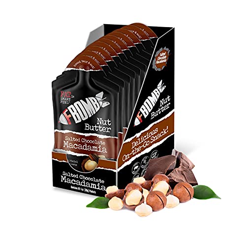 FBOMB Macadamia Nut Butter with Chocolate Keto Snack Packets - Low Carb, Paleo, No Sugar Added, Gluten Free Fat Bombs - Perfect for On-the-Go Keto Diet, Workout Recovery & Healthy Snacking - 10 Single Serve Packets