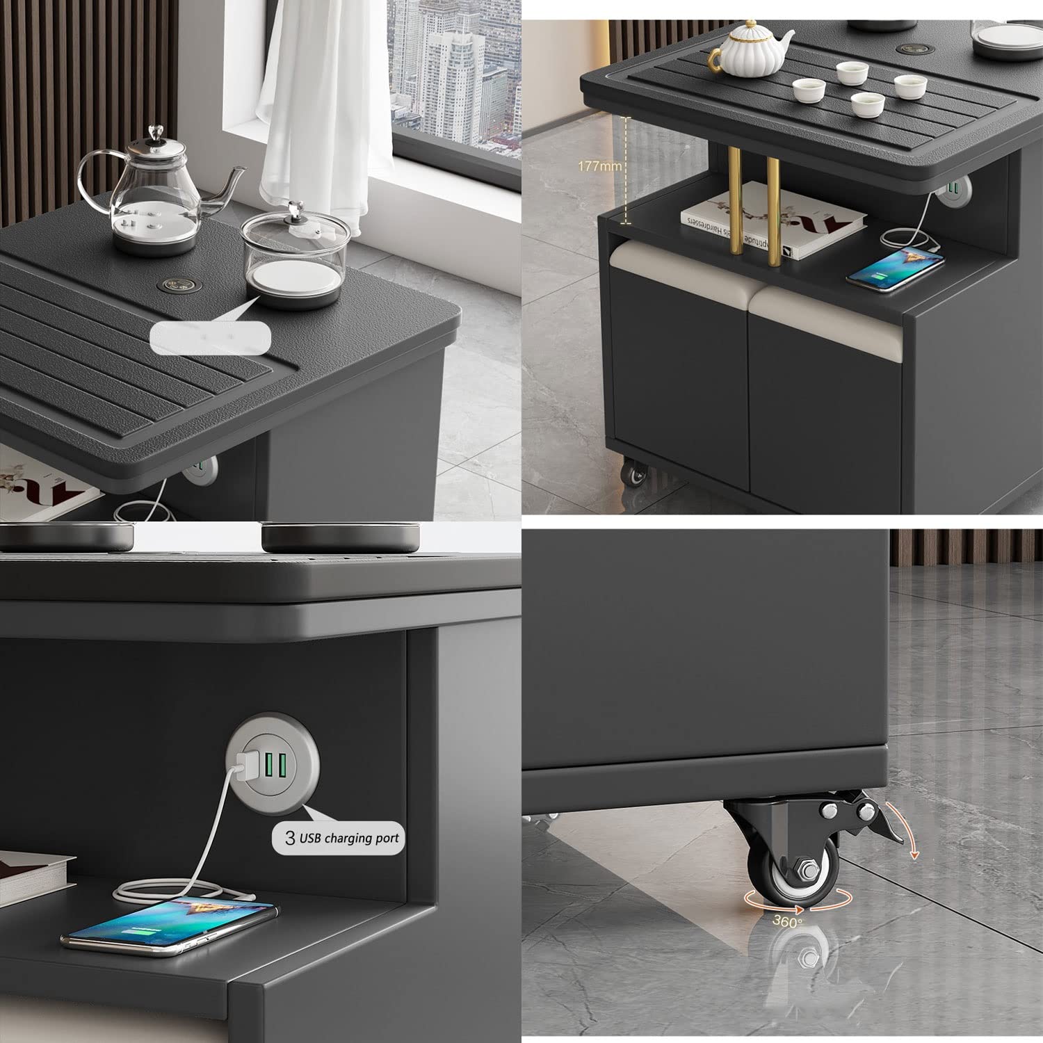 Smart Coffee Table with Touch Screen Boiling System - Luxury Mobile Tea Cart with 3 USB Ports & 2 Storable Footrests - Perfect for Living Room, Office & Home Entertainment