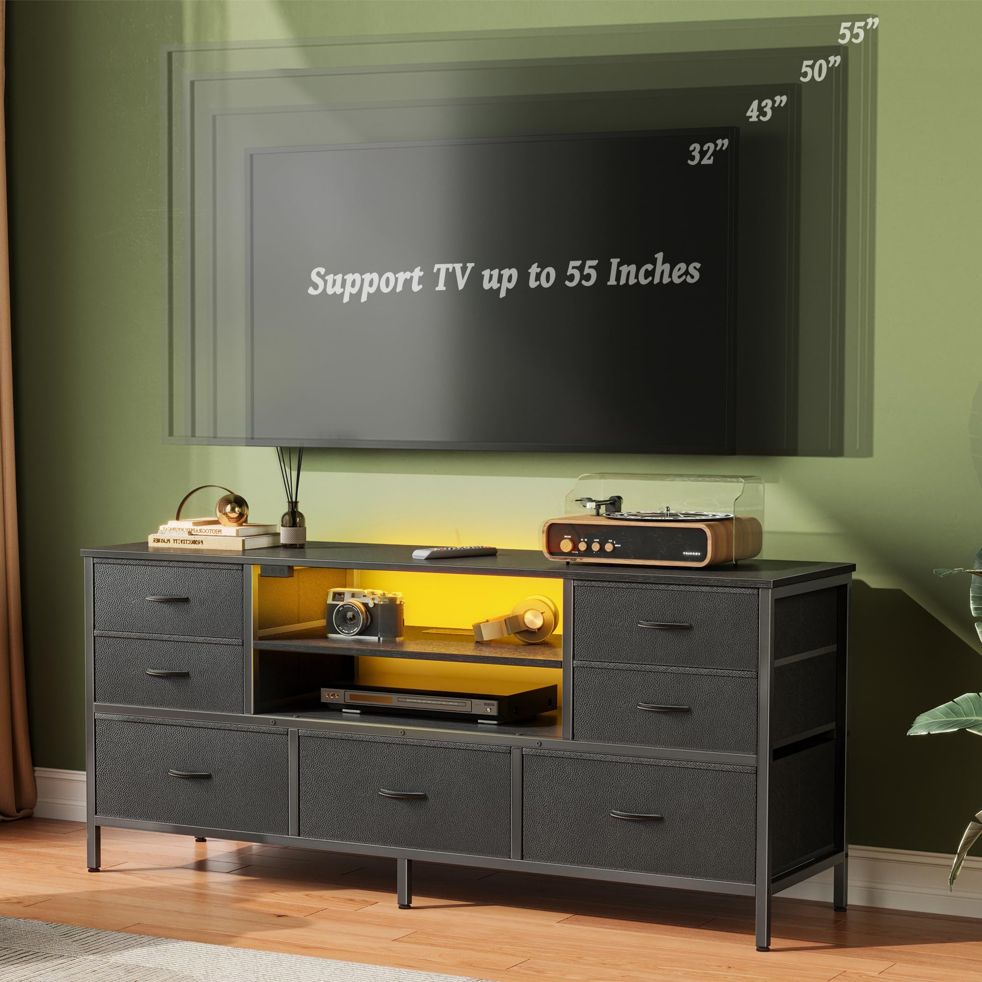 7-Drawer TV Stand Dresser with Power Outlets & LED Lights - 55 Inch TV Console for Bedroom & Living Room