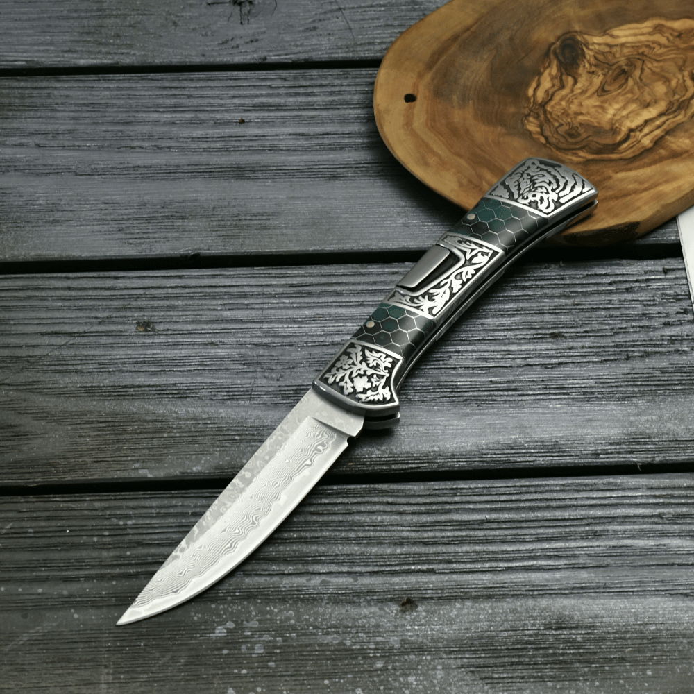 Premium Damascus Steel Pocket Knife with Honeycomb Resin Handle - EDC Folding Knife for Camping, Hiking & Outdoor Adventures