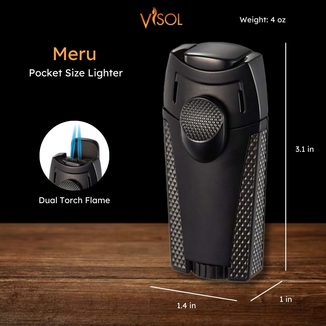 Visol Meru Dual Torch Flame Lighter - Windproof Butane Lighter for Cigars, Candles & Outdoor Use (Black) - Perfect for Camping, BBQ & Home Essentials