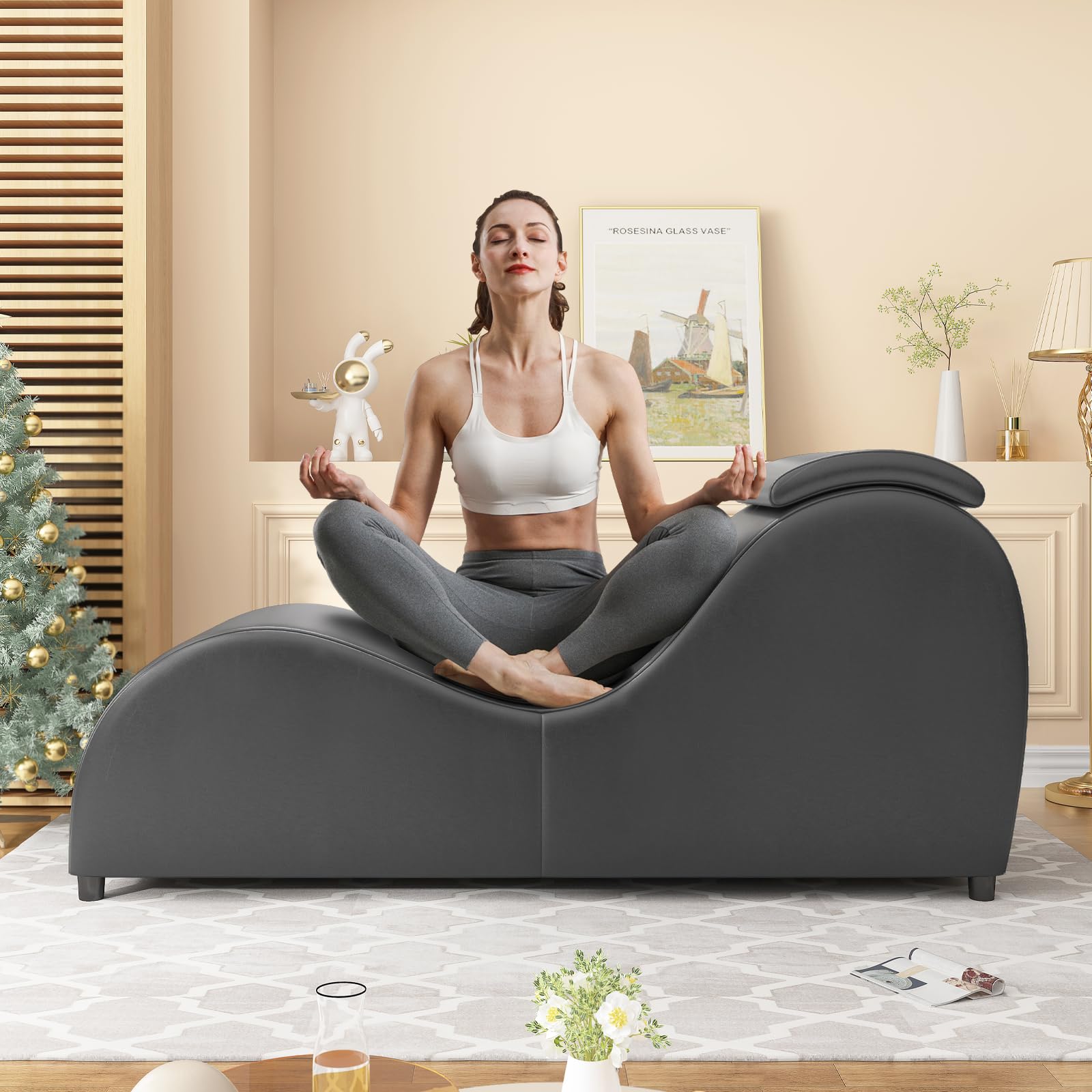 BALUS 60'' Yoga Chaise Lounge Chair for Adults - Faux Leather & Wooden Adjustable Headrest Sofa - Perfect for Stretching, Exercise & Relaxation - Ideal for Living Room, Apartment, Office & Yoga Studio - Dark Grey