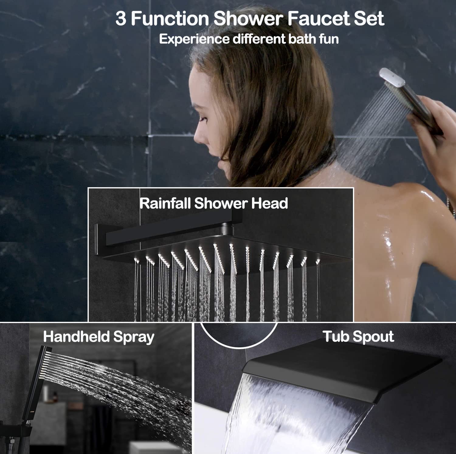 EMBATHER 12 Inch Matte Black Shower System with Tub Spout - Wall Mounted Rainfall Shower Head & Handheld Sprayer, Complete Shower Valve & Trim Kit for Bathroom Renovation | Perfect for Master Bath, Guest Bath & Spa-Like Shower Experience