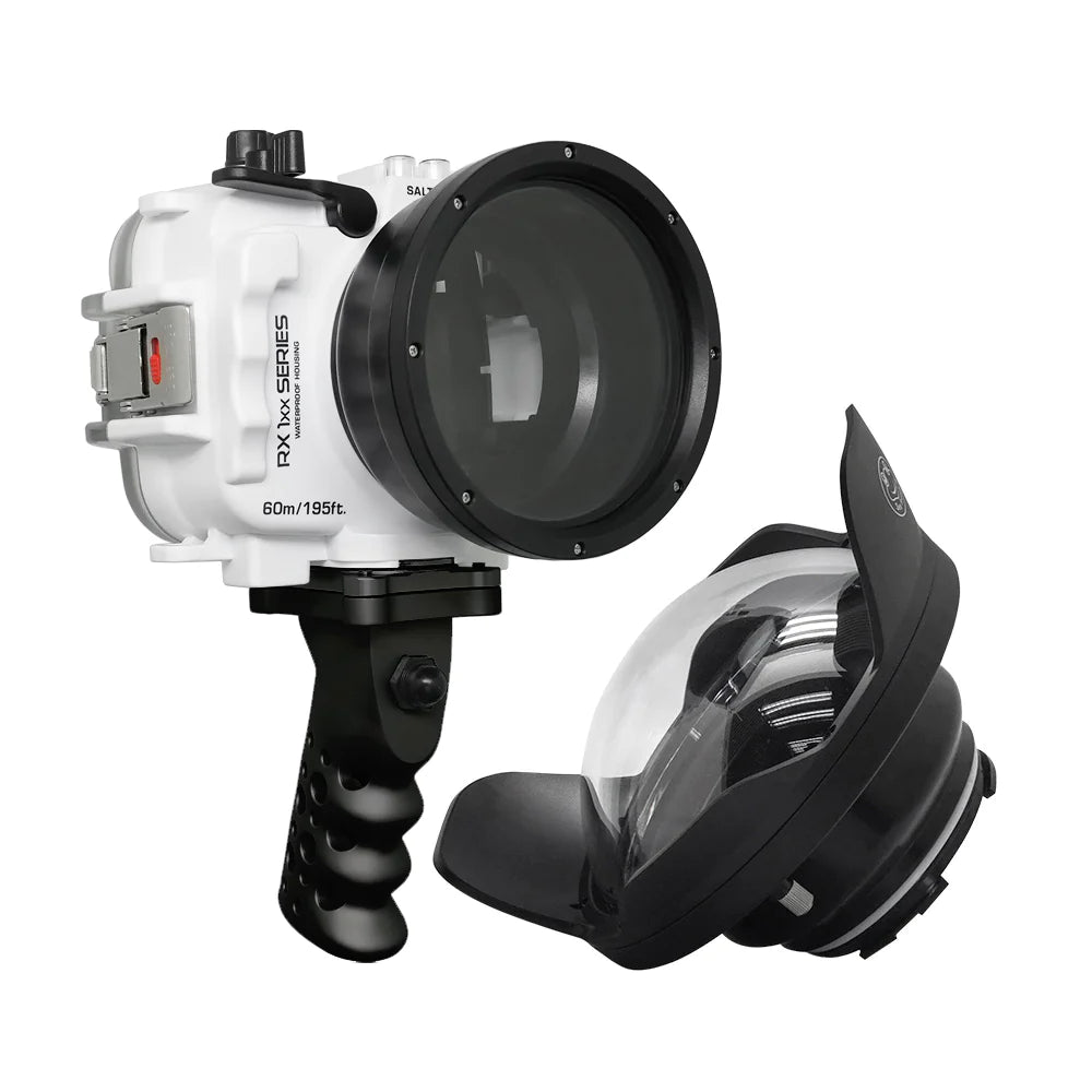 Waterproof Housing for Sony RX1xx Series - 60M/195FT Depth Rating, Aluminum Pistol Grip & 6 Optical Glass Dry Dome Port (White) - Ideal for Underwater Photography, Scuba Diving, and Marine Exploration