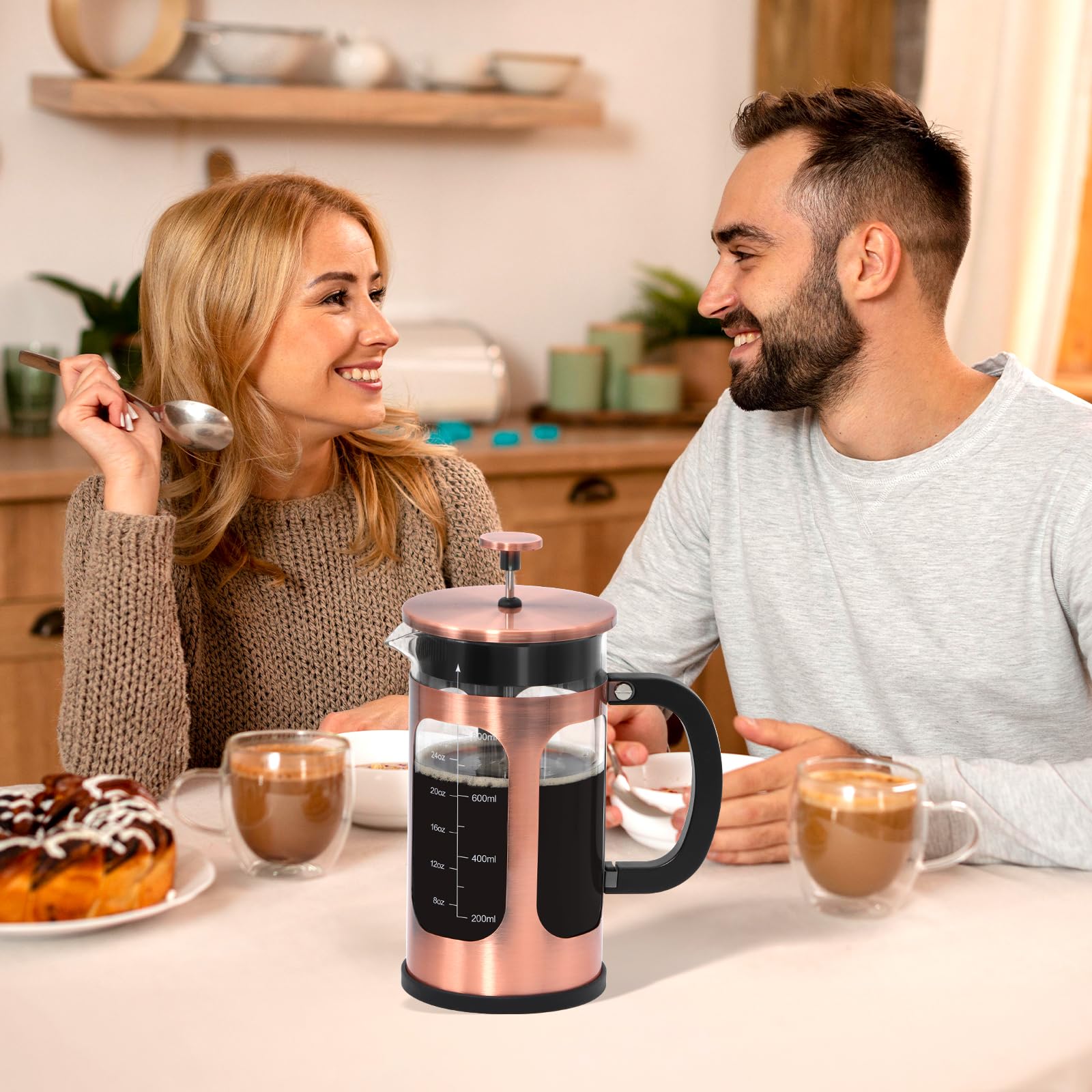 Panana 34oz 1L French Press Coffee Maker - Borosilicate Glass & Stainless Steel (Copper) - Ideal for Hot/Cold Brew Coffee & Tea at Home, Office or Camping