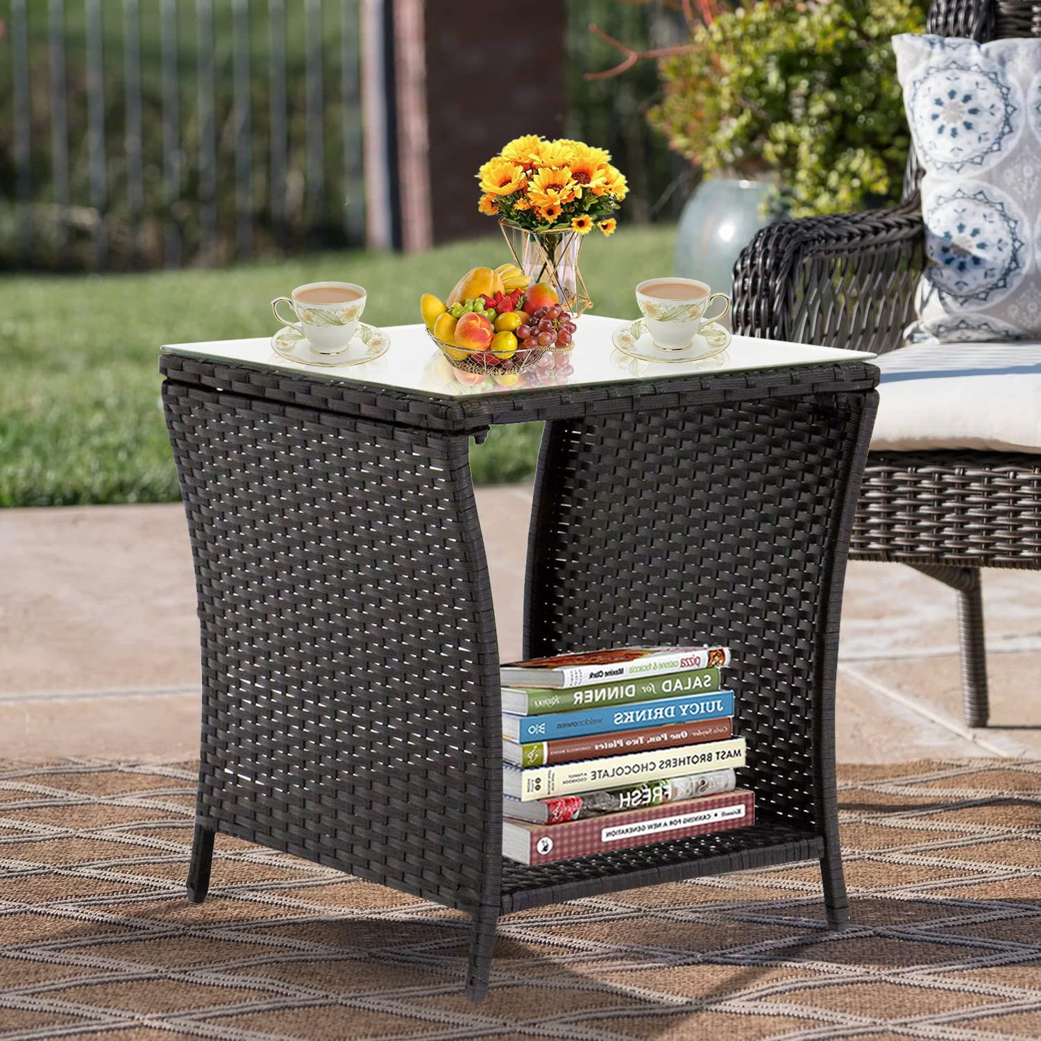 Kinbor Outdoor Patio Side Table - Square Wicker PE Rattan Coffee Table with Tempered Glass Top & Storage Shelf | Perfect for Deck, Poolside, Garden, Lawn & Porch (Black) | Weather-Resistant Outdoor Furniture for Relaxing & Entertaining