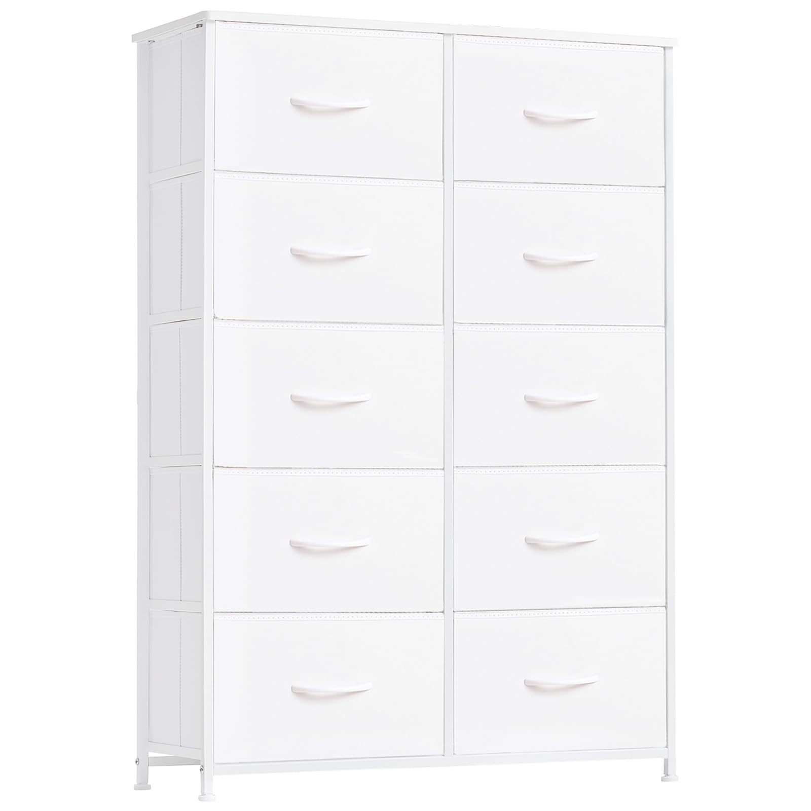 Tall 10-Drawer Dresser with Fabric Bins - White Leather Storage Organizer for Bedroom, Nursery & Living Room