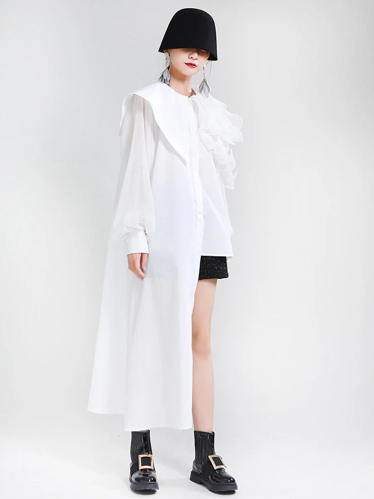 Asymmetrical Patchwork Lace Up Dress for Women - Irregular Collar Lantern Sleeve High Waist Elegant Summer Dress | Perfect for Date Night, Cocktail Parties & Special Occasions
