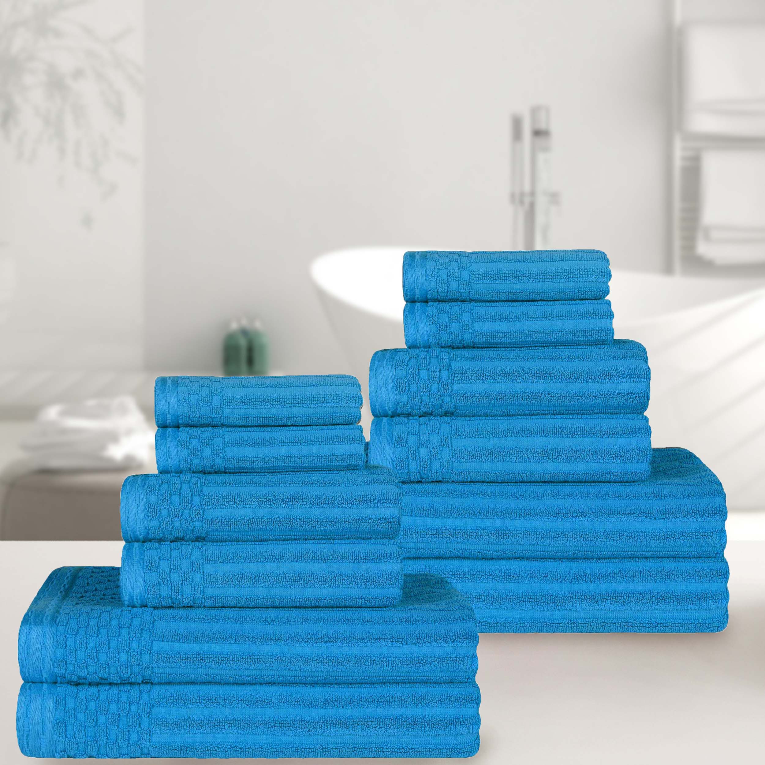 Premium 12-Piece Ribbed Cotton Towel Set - Soft, Absorbent & Medium Weight - Perfect for Bathroom, Spa & Guest Use
