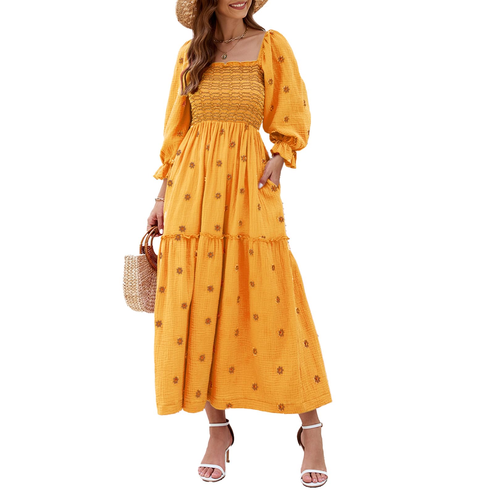 Women's Floral Embroidered Maxi Dress - Long Puff Sleeve Square Neck Bohemian Flowy Dress with Pockets, Smocked Waist for Fall | Perfect for Weddings, Beach Vacations & Boho Fashion