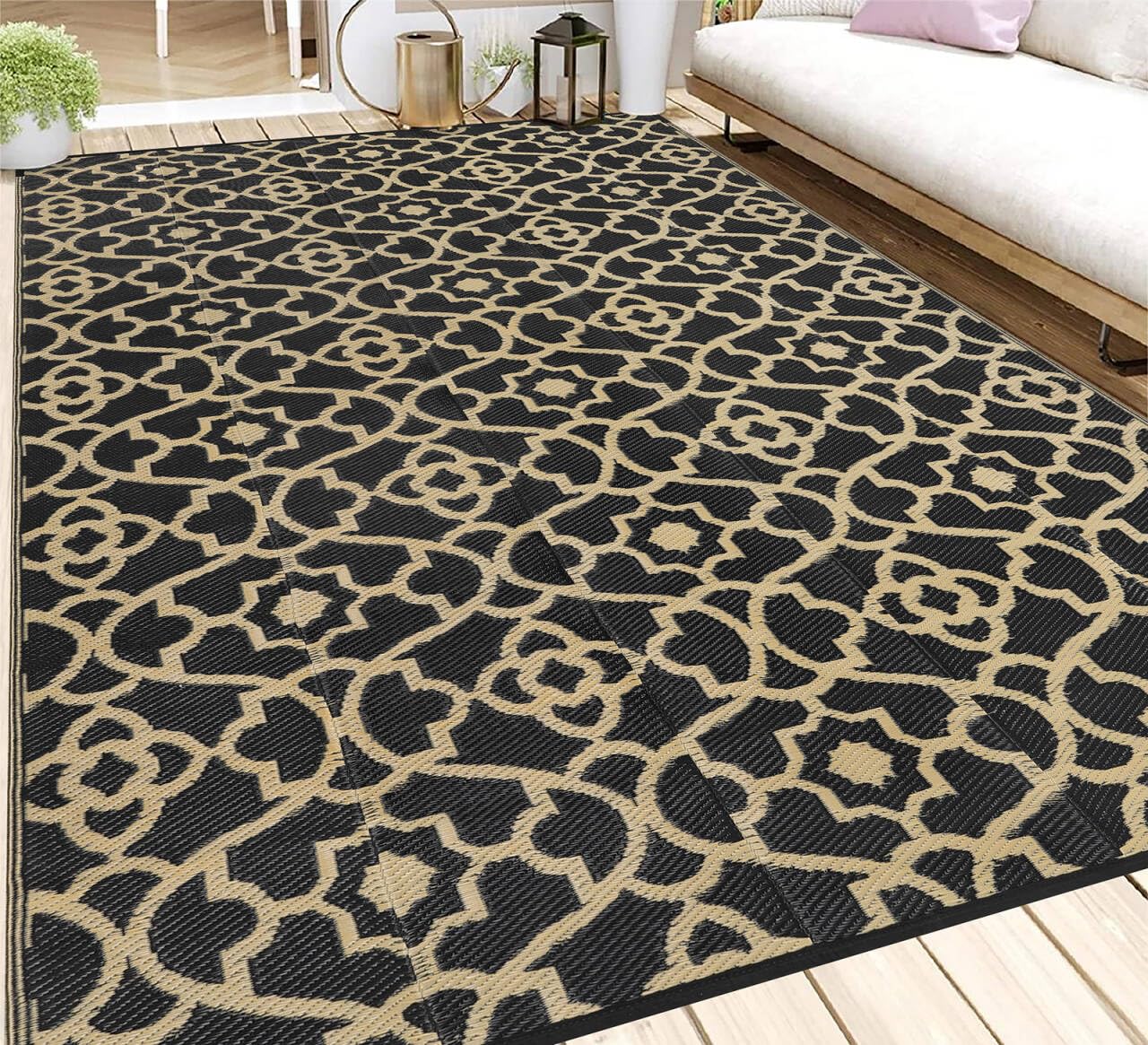 HEBE 5'x8' Waterproof Reversible Outdoor Rug - Durable Plastic Straw Patio Mat for RV, Camping, Deck, Porch, Balcony & Backyard | Perfect for Outdoor Gatherings, Picnics & Relaxation