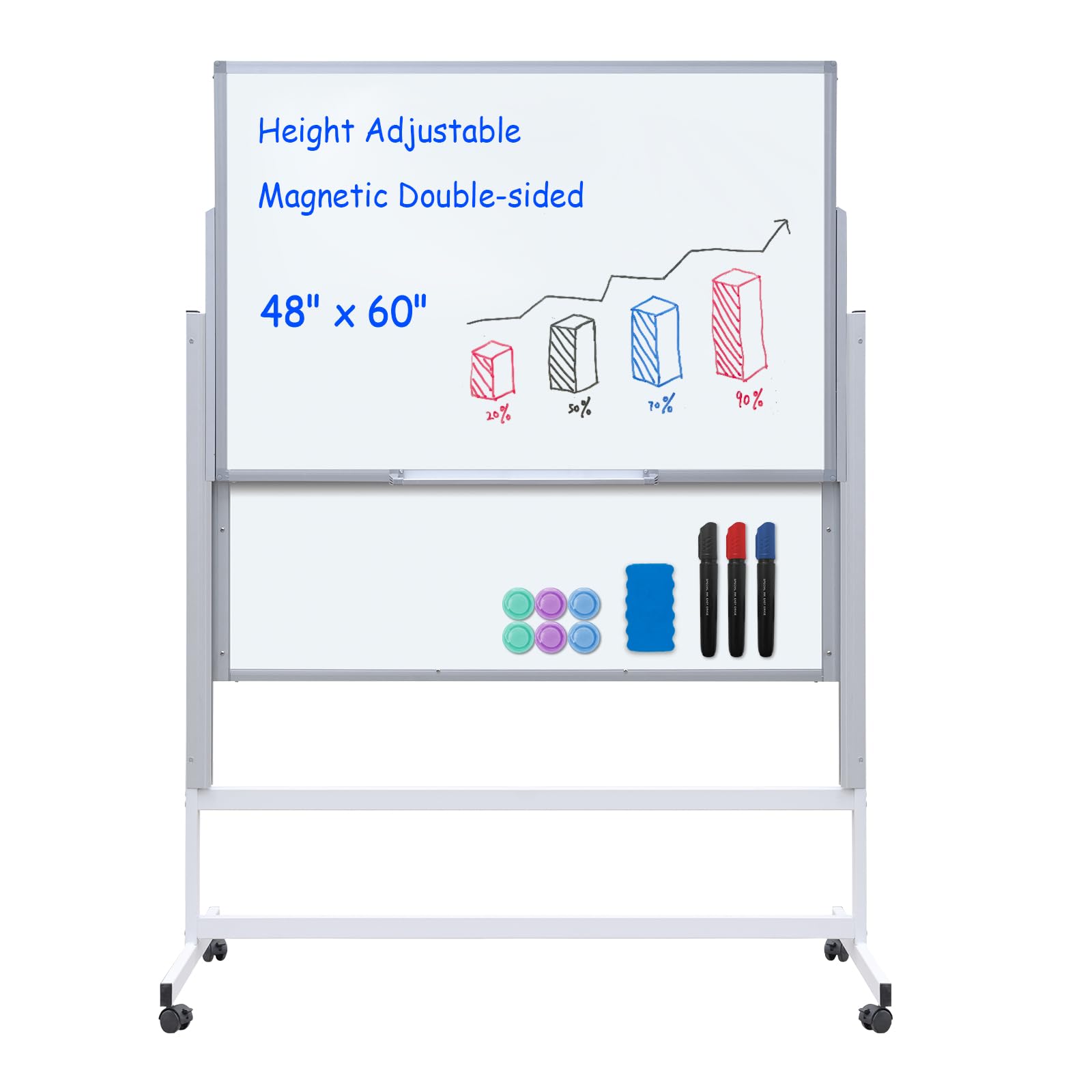 Magnetic Dry Erase Whiteboard 48x60 Inches - Double-Sided Rolling Whiteboard on Wheels with Adjustable Height & Easel Stand for School, Office, Home Use - Includes Markers & Erasers (Ideal for Classrooms, Presentations & Home Office Organization)