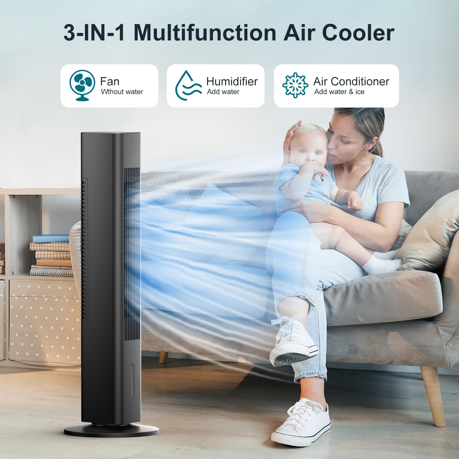 Portable Air Conditioner with Remote - Windowless AC Unit, Evaporative Cooler & Humidifier, 7H Timer, Oscillating Tower Fan for Indoor & Outdoor Use - Perfect for Bedroom, Office, and Patio Cooling (Large, Black)